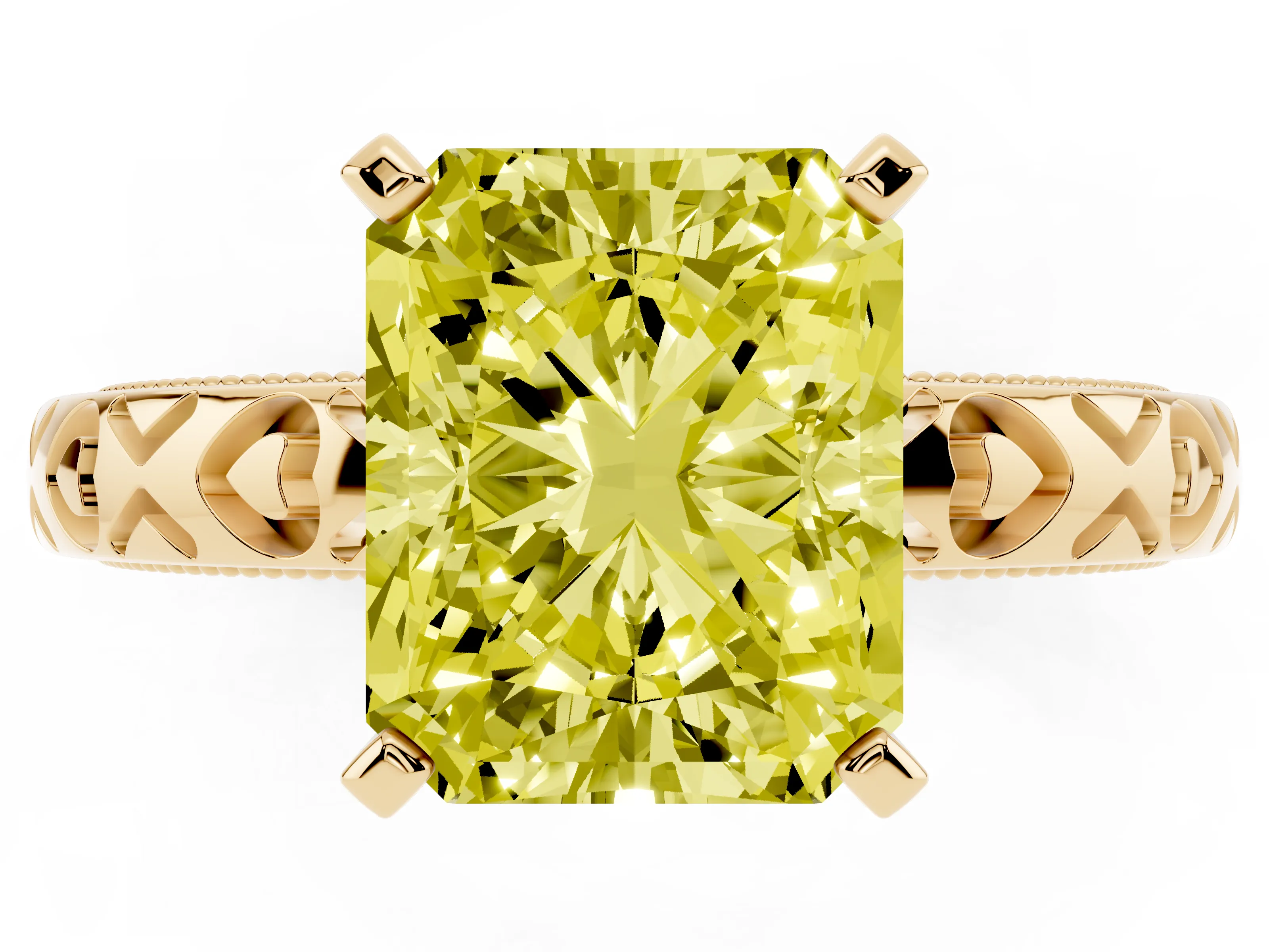 Fancy Yellow Radiant Cut Diamond Solitaire Engagement Ring Set in Yellow gold with XO Engraved Band and Prong Setting