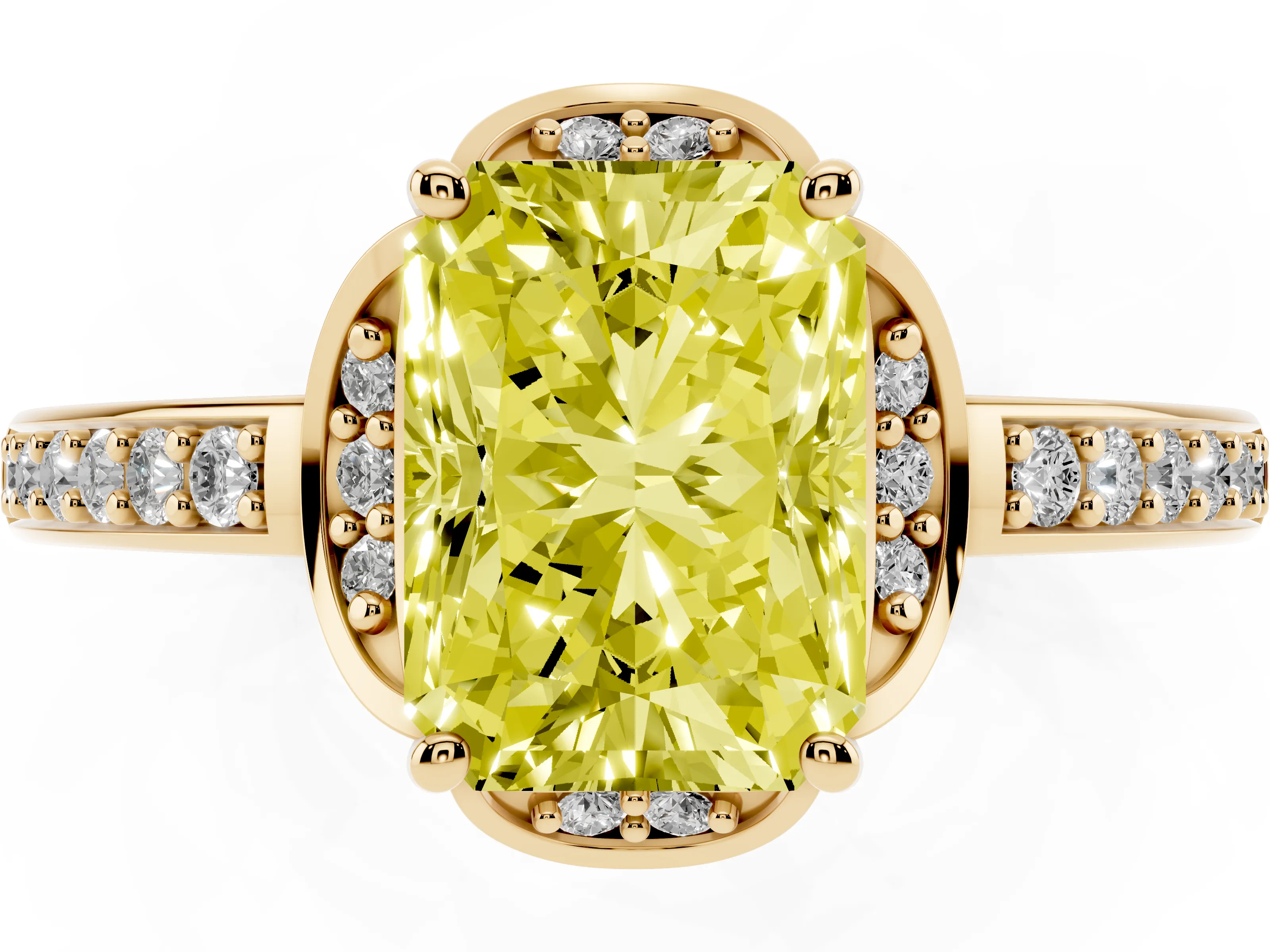 Fancy Yellow Radiant Cut Diamond Halo Ring Set in Yellow gold with Channel Set Band and Prong Setting