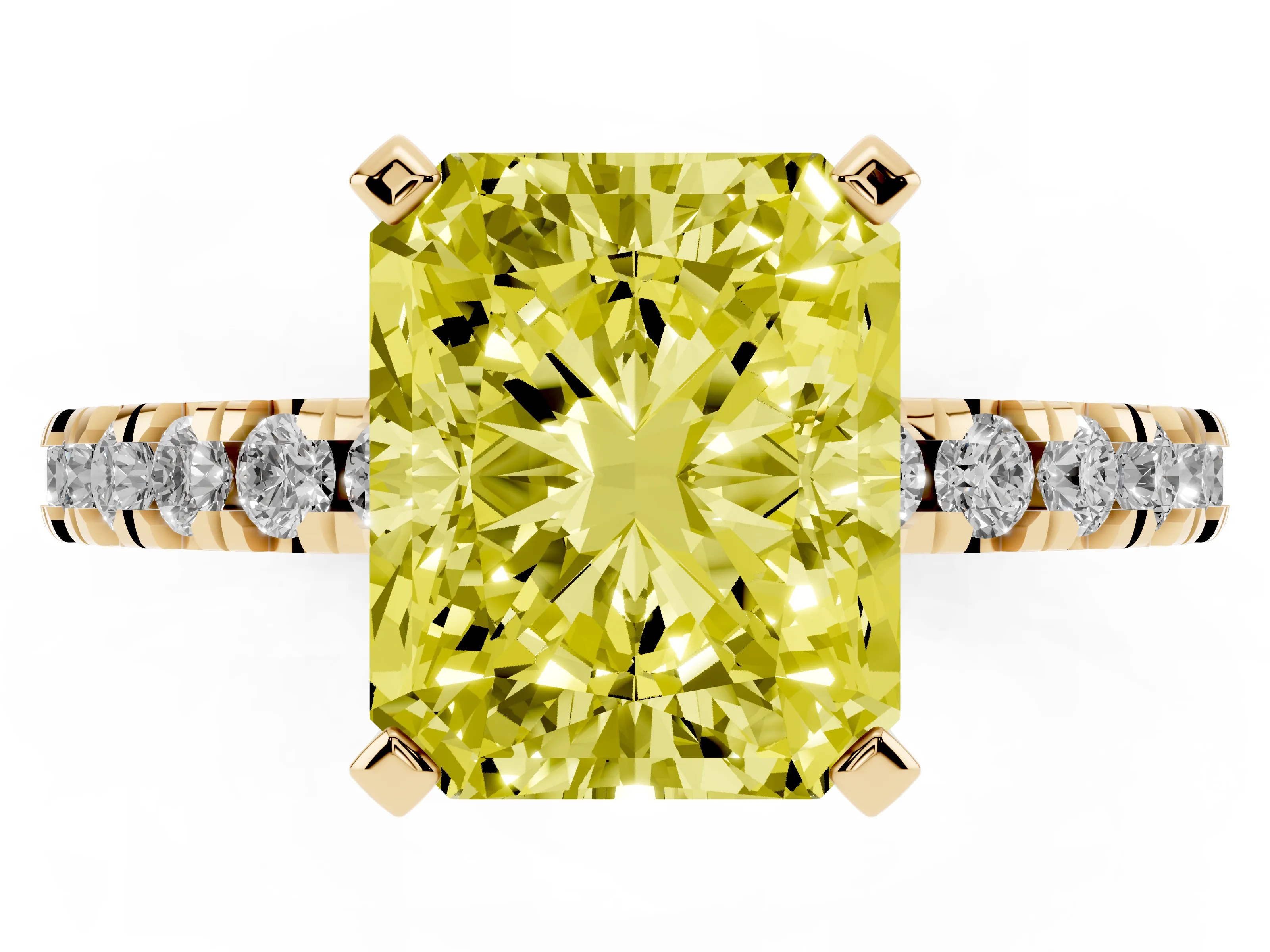 Fancy Yellow Radiant Cut Diamond Pavé Band Solitaire Set in Yellow gold with Prong Setting