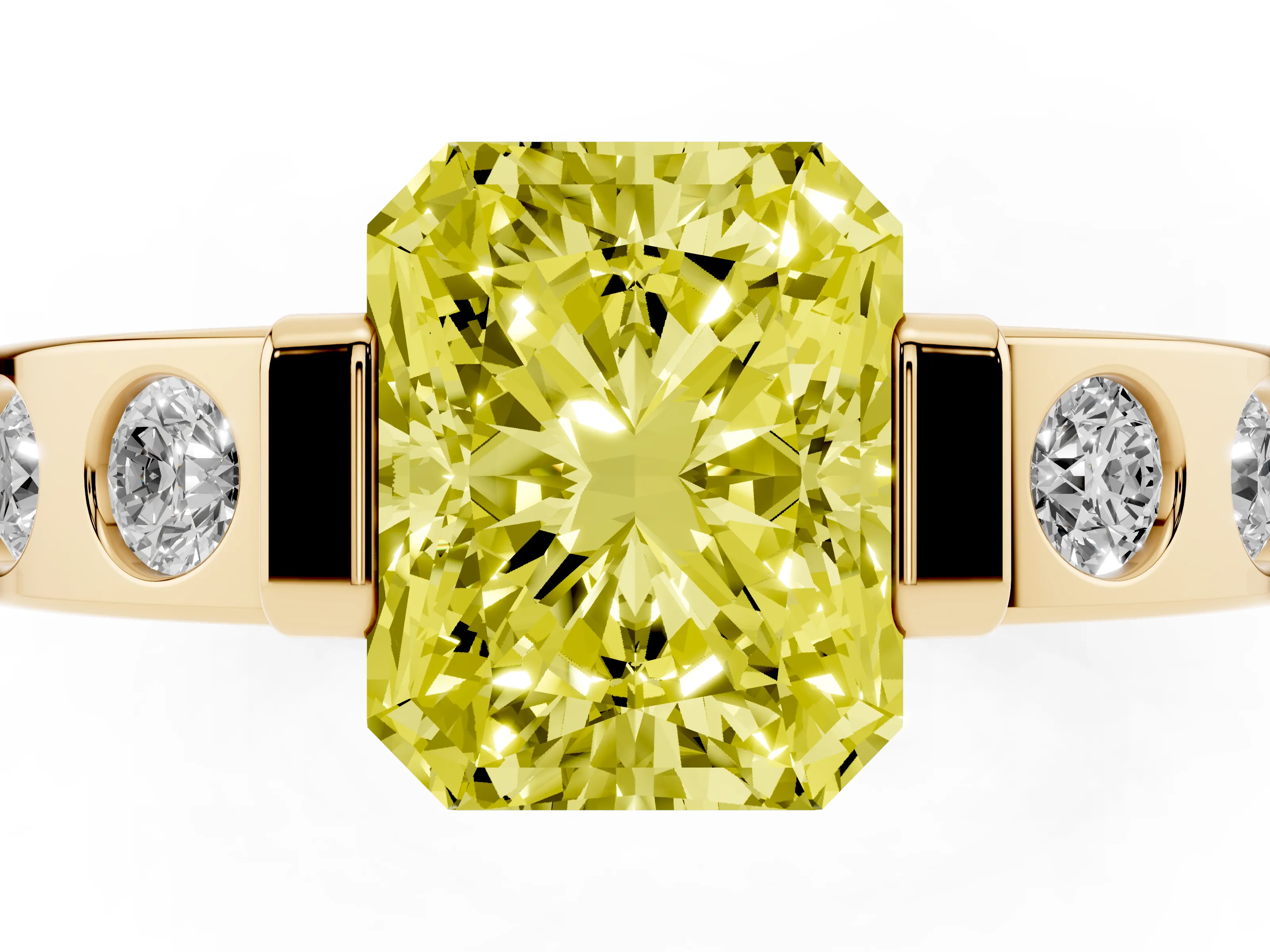 Fancy Yellow Radiant Cut Diamond Channel-Set Band Ring Set in Yellow gold with Bezel Prong Setting