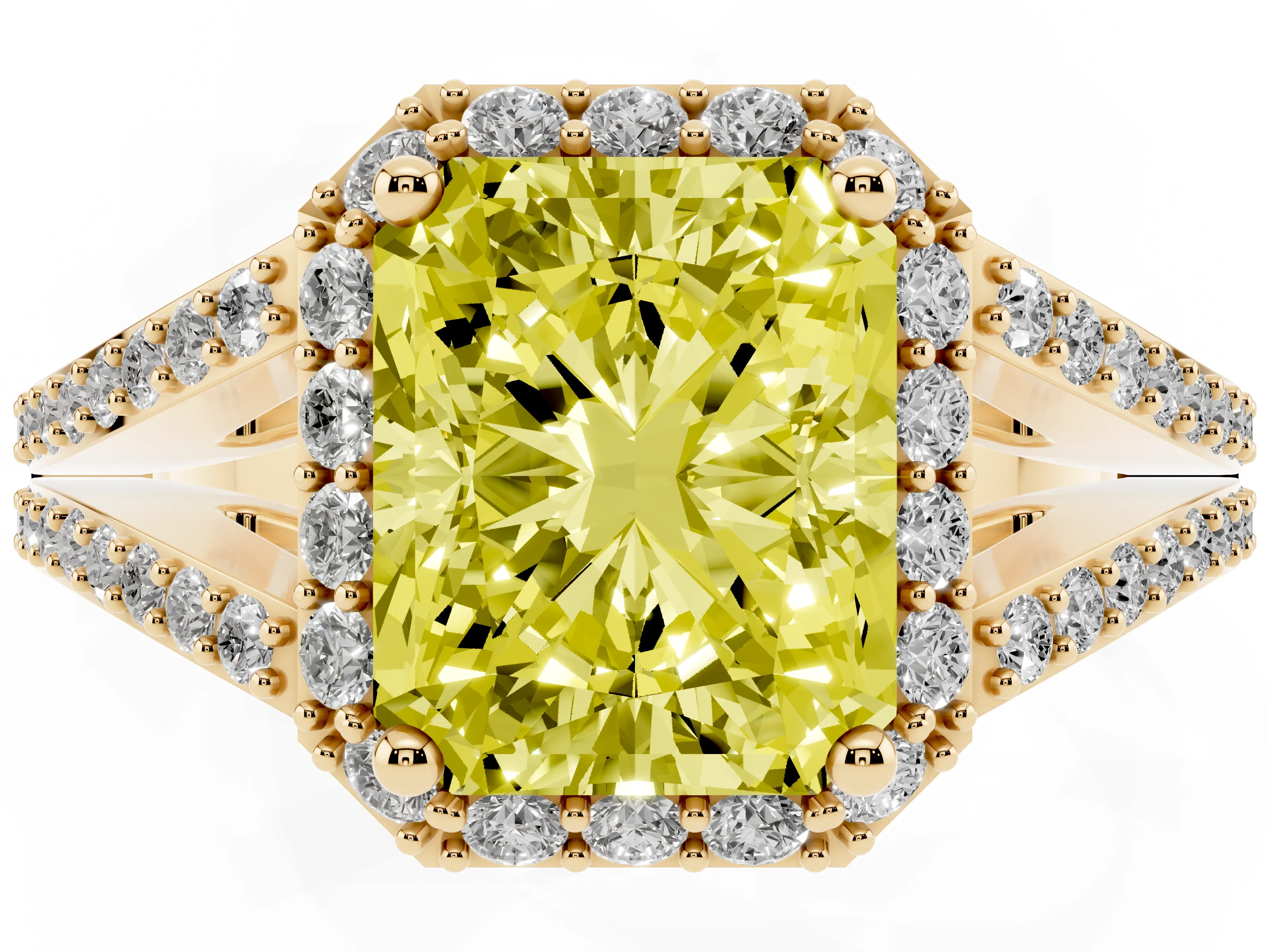 Fancy Yellow Radiant Cut Diamond Halo Split Shank Pavé Ring Set in Yellow gold with Prong Setting