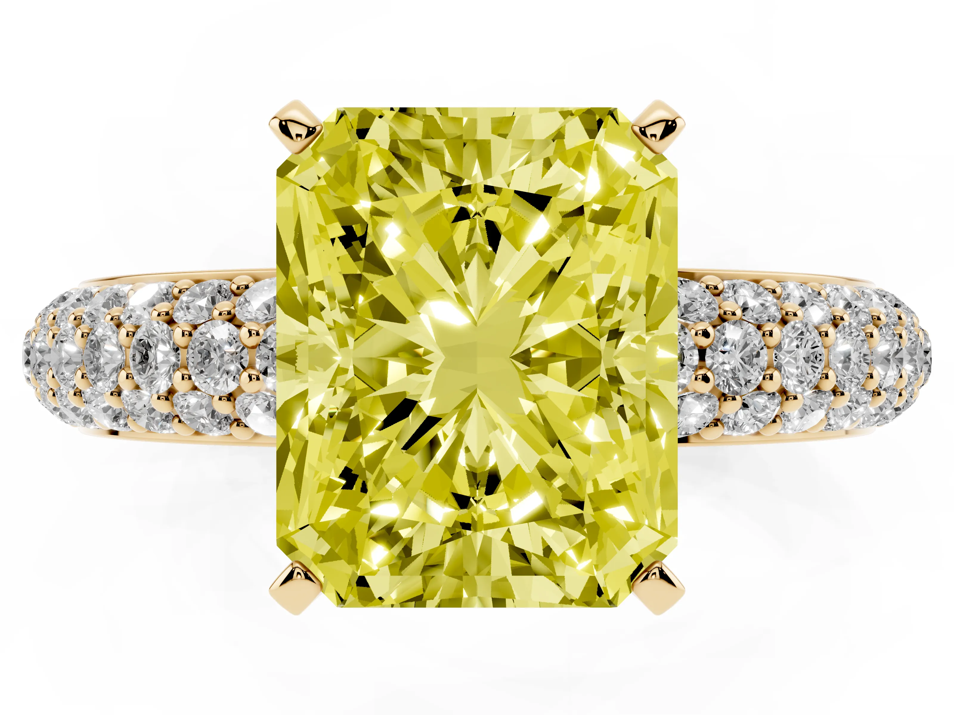 Fancy Yellow Radiant Cut Diamond Solitaire Ring Set in Yellow gold with Prong Setting and Pavé-Set Band
