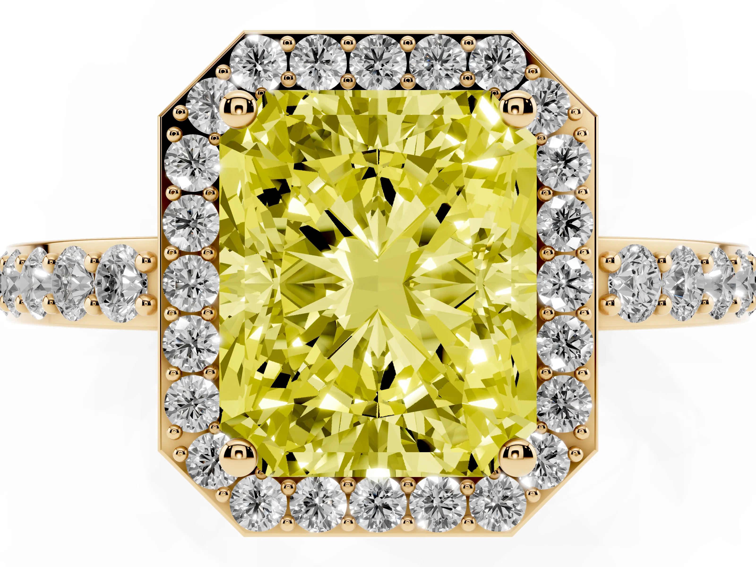 Fancy Yellow Radiant Cut Diamond Halo Ring Set in Yellow gold with Pavé-Setting Band and Open Prong Center