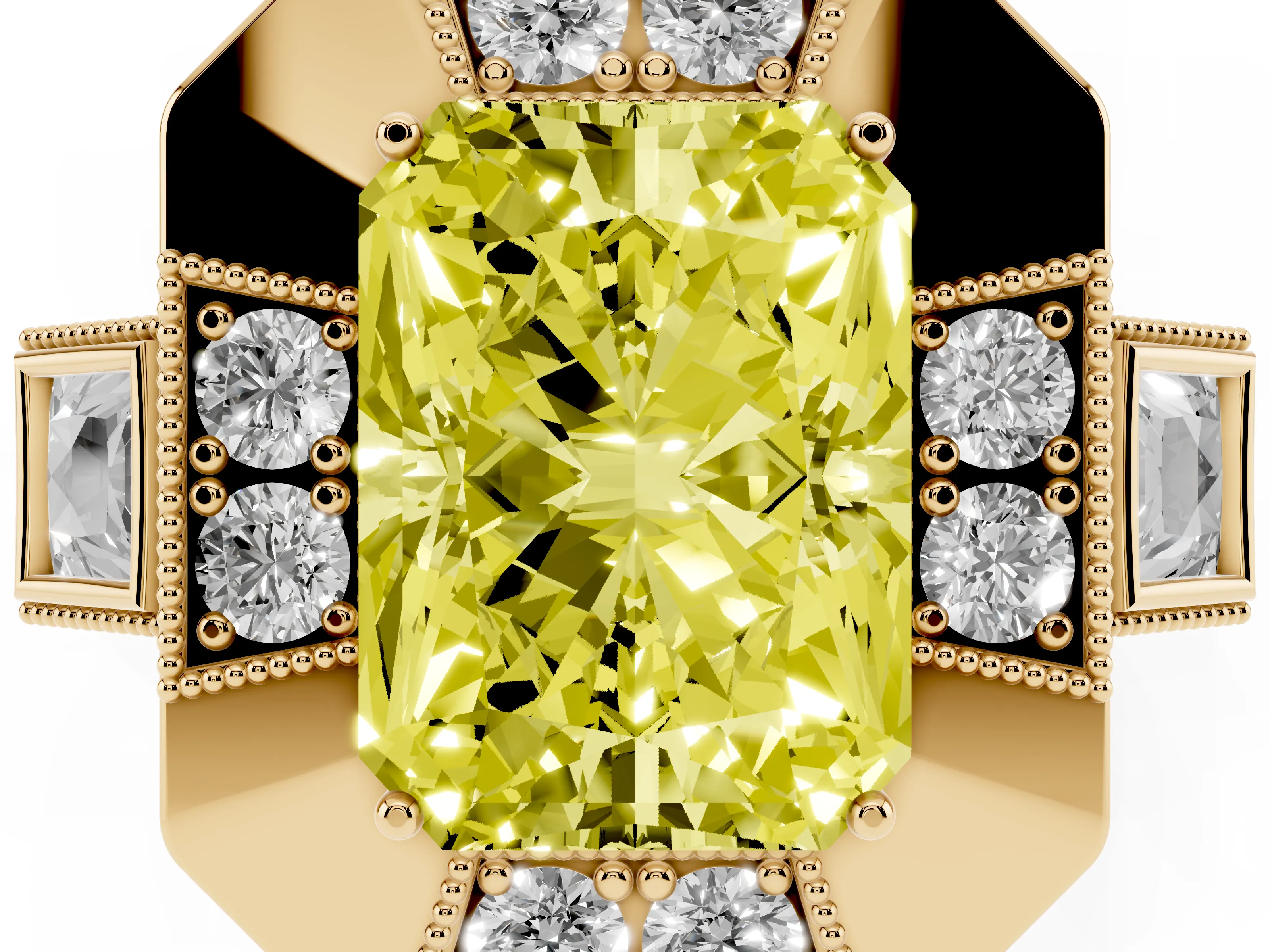 Fancy Yellow Radiant Cut Diamond Milgrain Halo Ring Set in Yellow gold with Split Shank