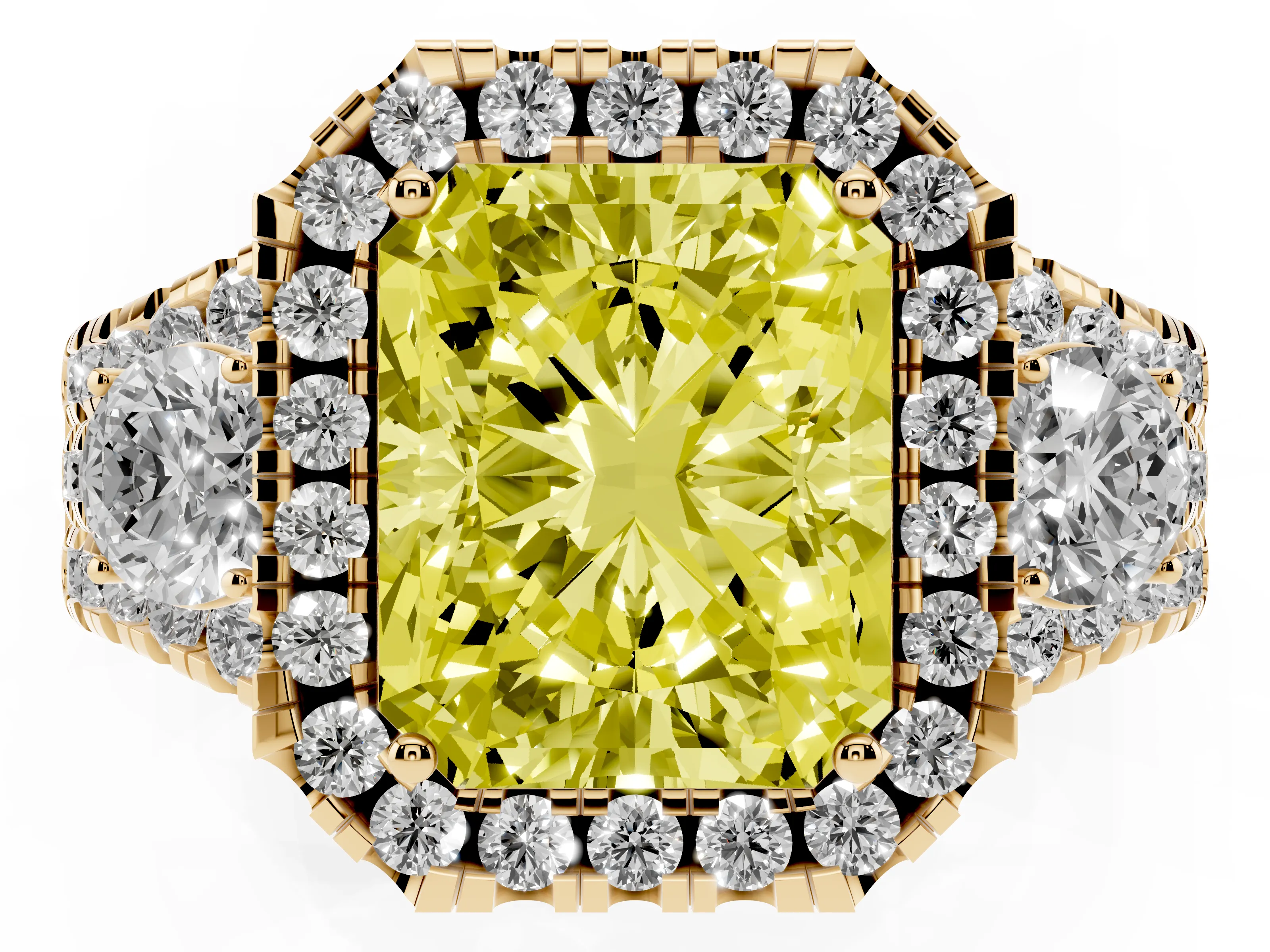 Fancy Yellow Radiant Cut Diamond Halo Split Shank Ring Set in Yellow gold with Round Accent Stones and Prong Setting