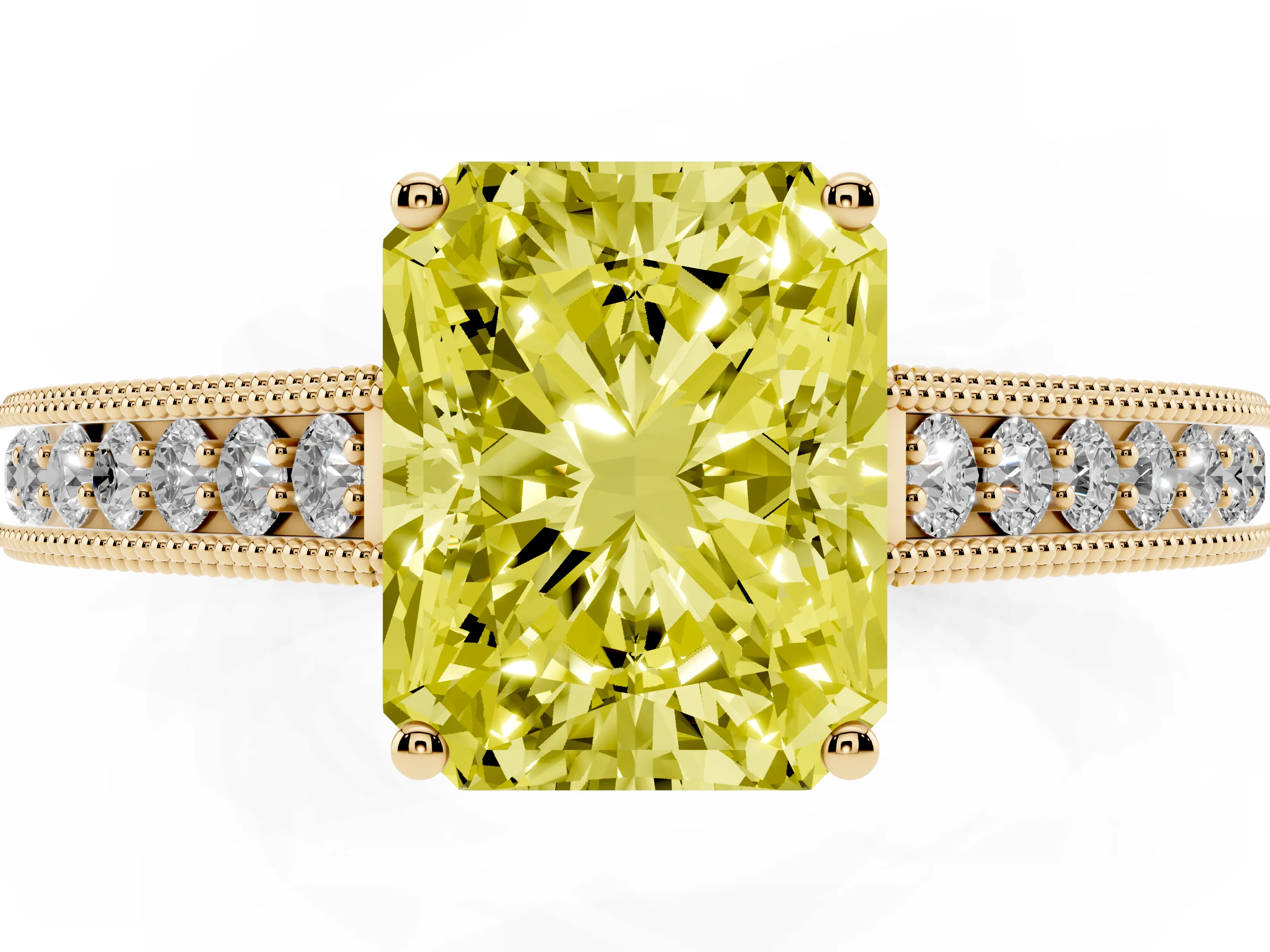 Fancy Yellow Radiant Cut Diamond Milgrain Pavé Band Solitaire Ring Set in Yellow gold with Prong Setting