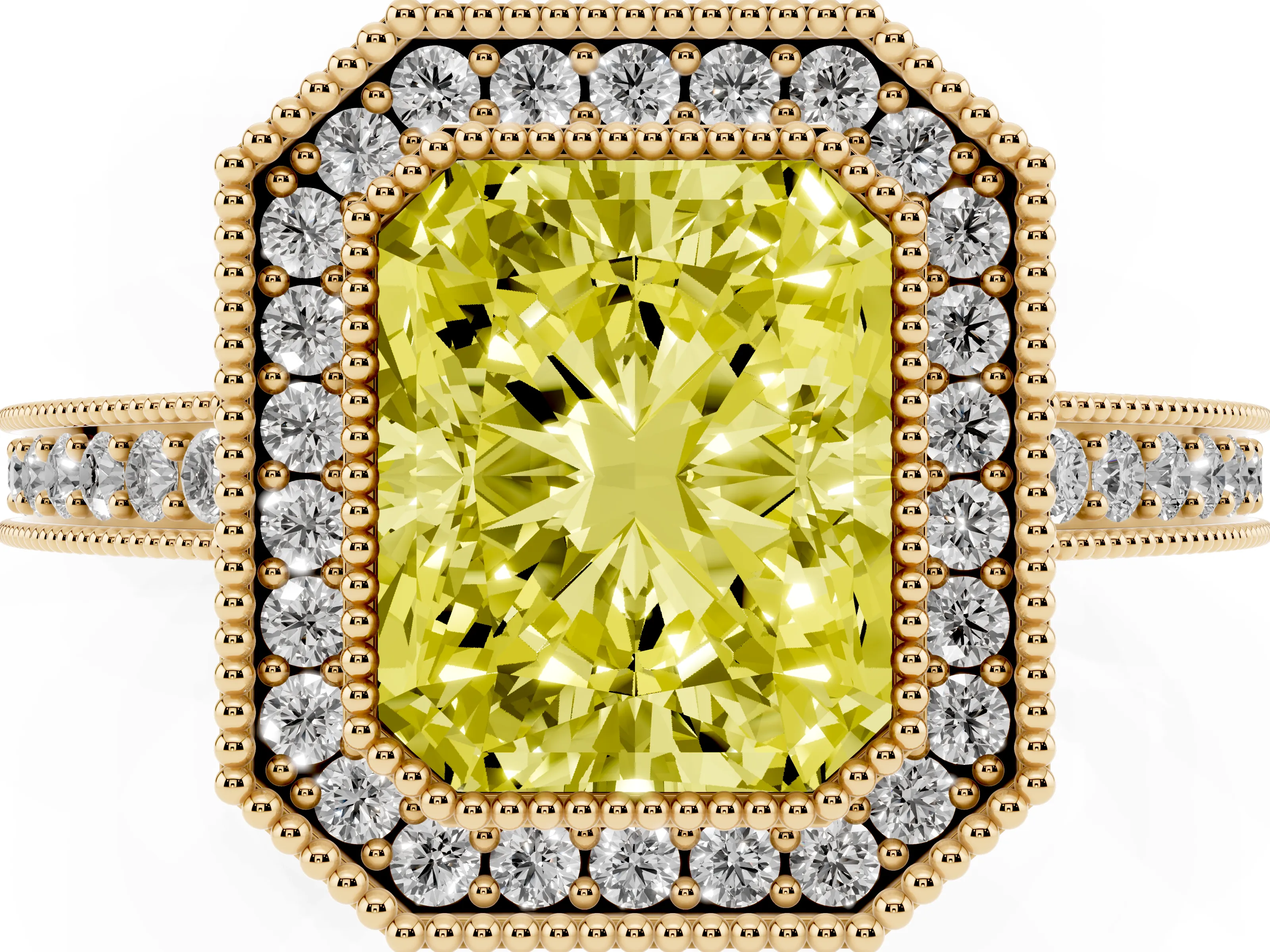 Fancy Yellow Radiant Cut Diamond Round Halo Ring Set in Yellow gold with Pavé Band