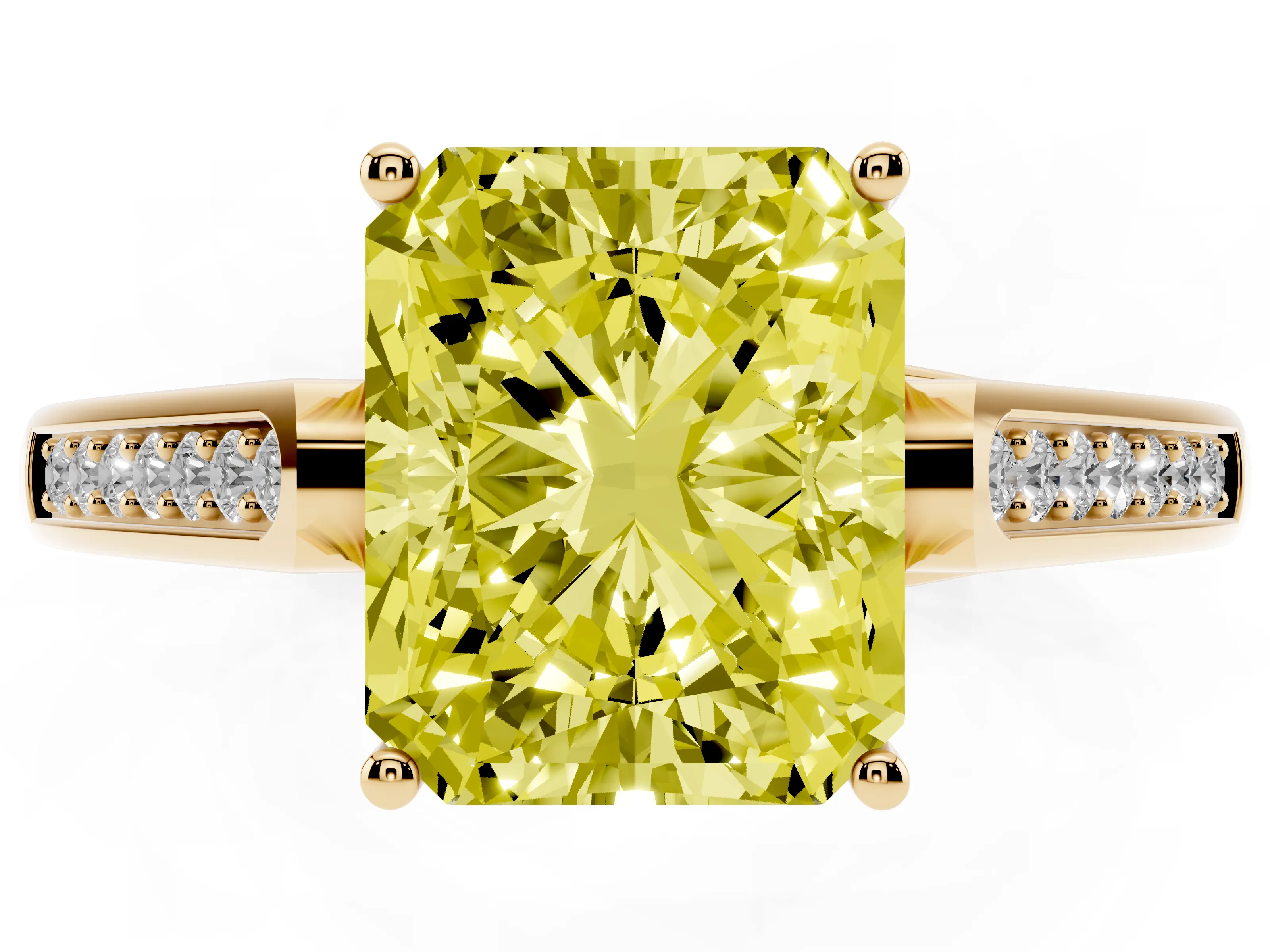 Fancy Yellow Radiant Cut Diamond Solitaire Cathedral Engagement Ring Set in Yellow gold with Channel-Set Band and Prong Setting
