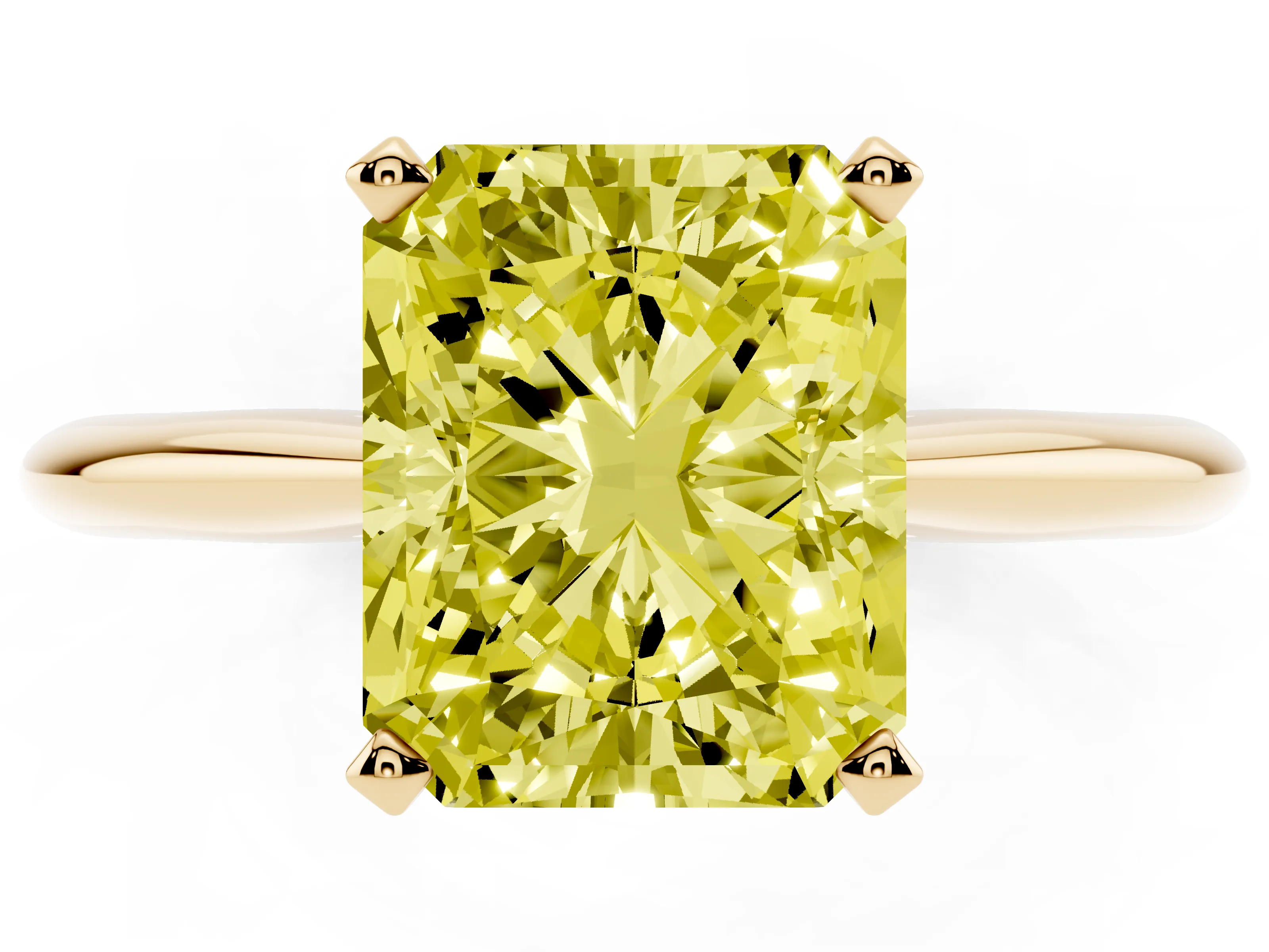 Fancy Yellow Radiant Cut Diamond Solitaire Ring Set in Yellow gold with Prong Setting on a Plain Round Band