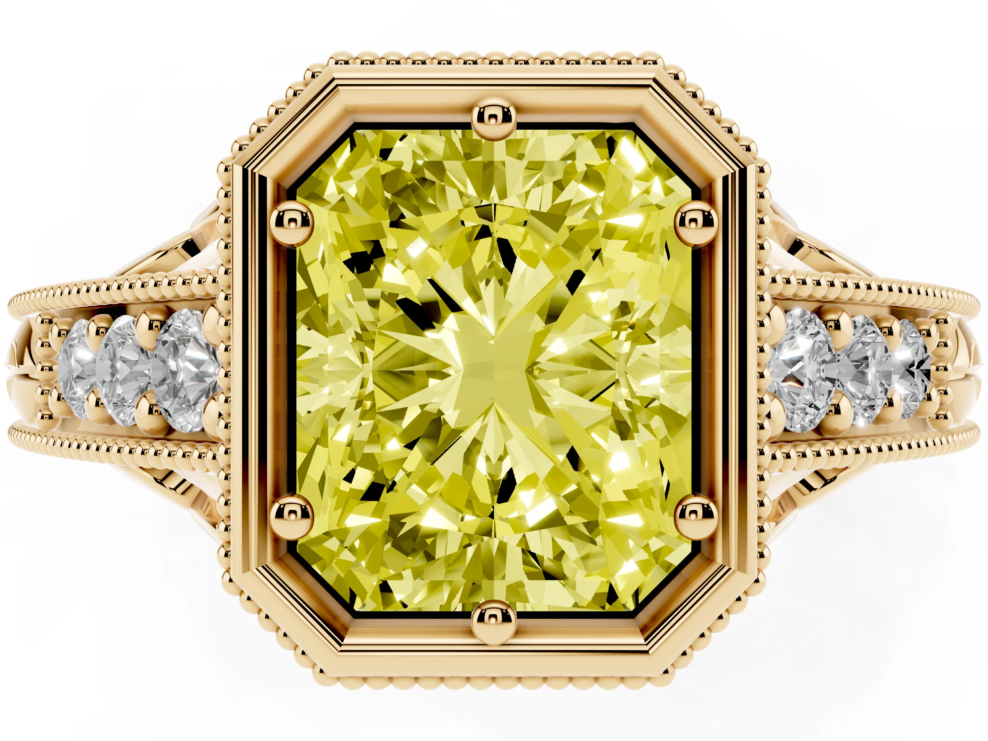 Fancy Yellow Bezel Set Radiant Cut Diamond Milgrain Pavé Engagement Ring Set in Yellow gold