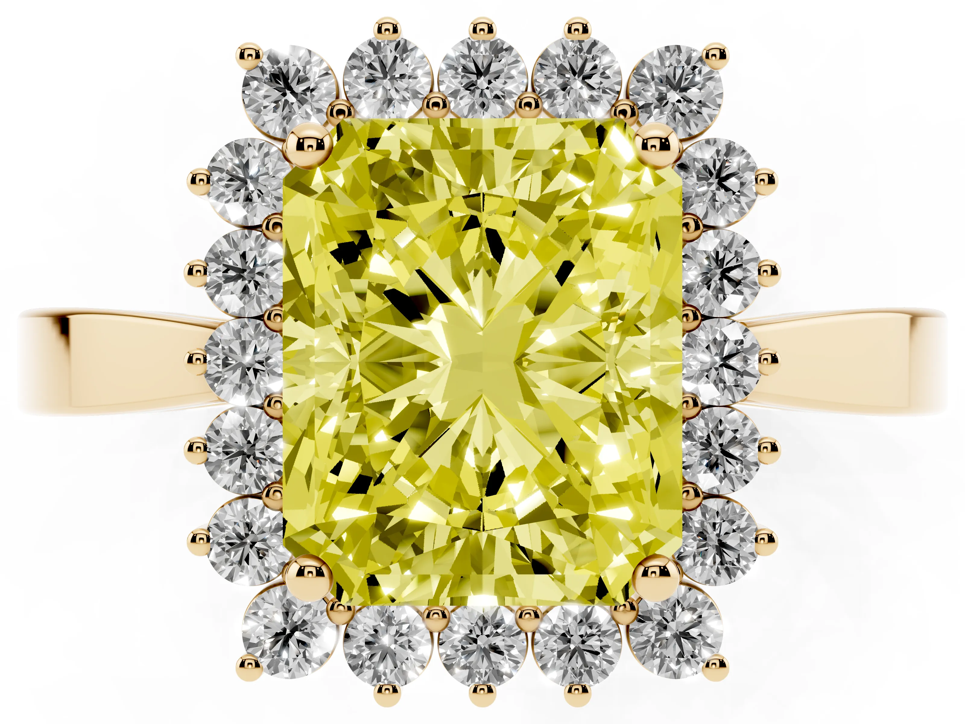 Fancy Yellow Radiant Cut Diamond Halo Ring Set in Yellow gold with Round Halo and Smooth Solitaire Band