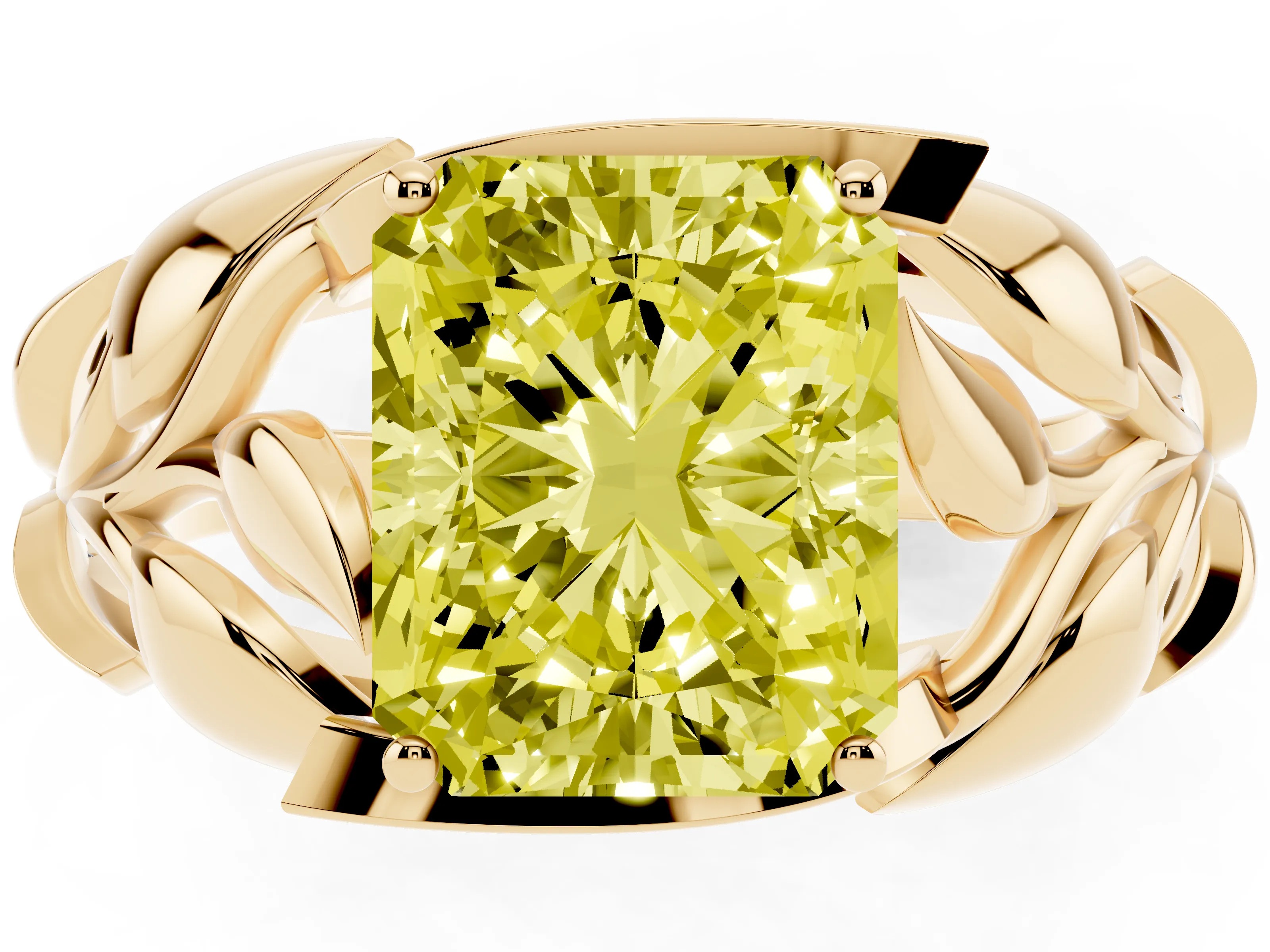 Fancy Yellow Radiant Cut Diamond Leaf-Inspired Engagement Ring Set in Yellow gold with Round Accents