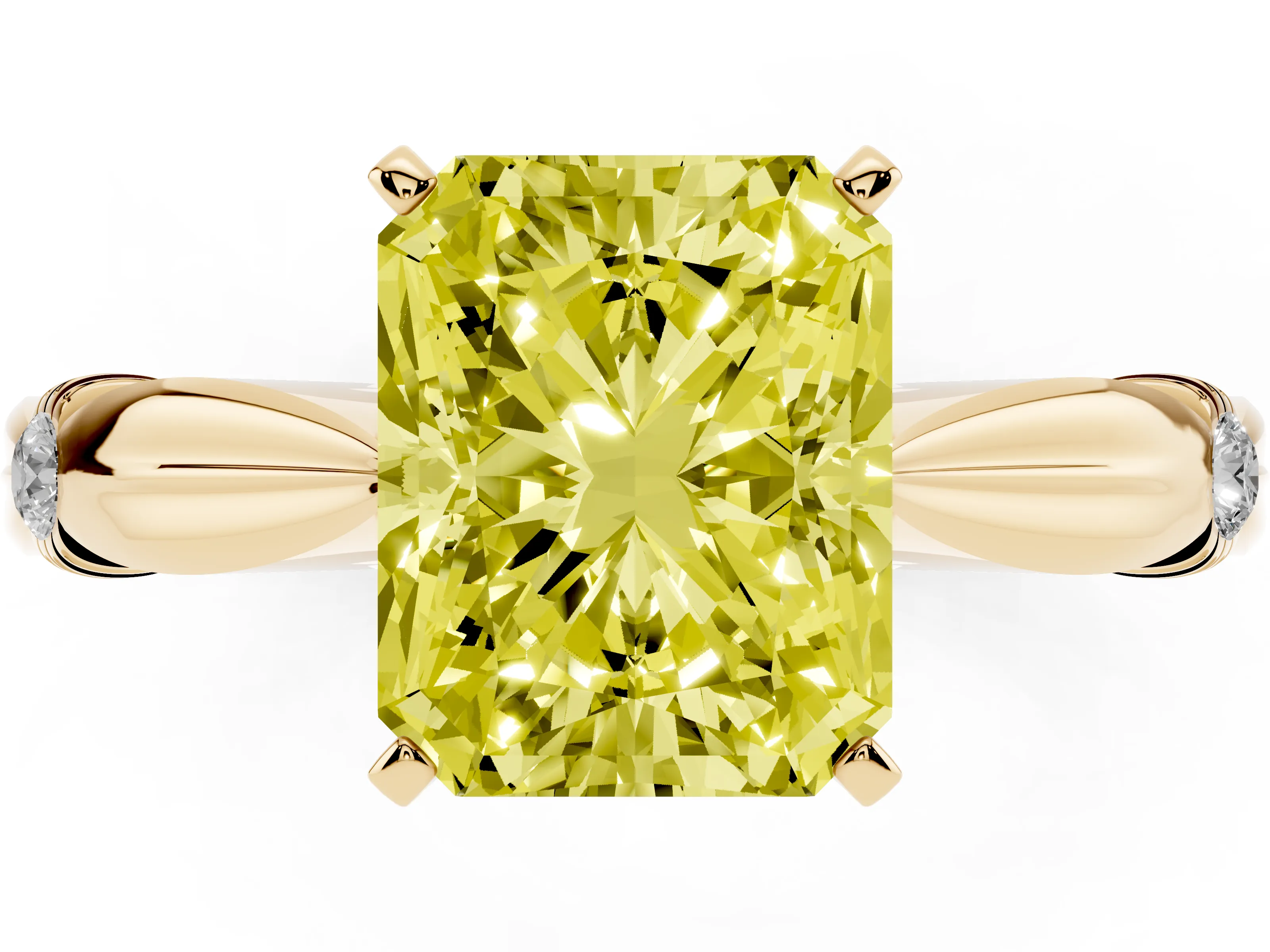 Fancy Yellow Radiant Cut Diamond Solitaire Twisted Band Ring Set in Yellow gold with Accent Stones and Prong Setting