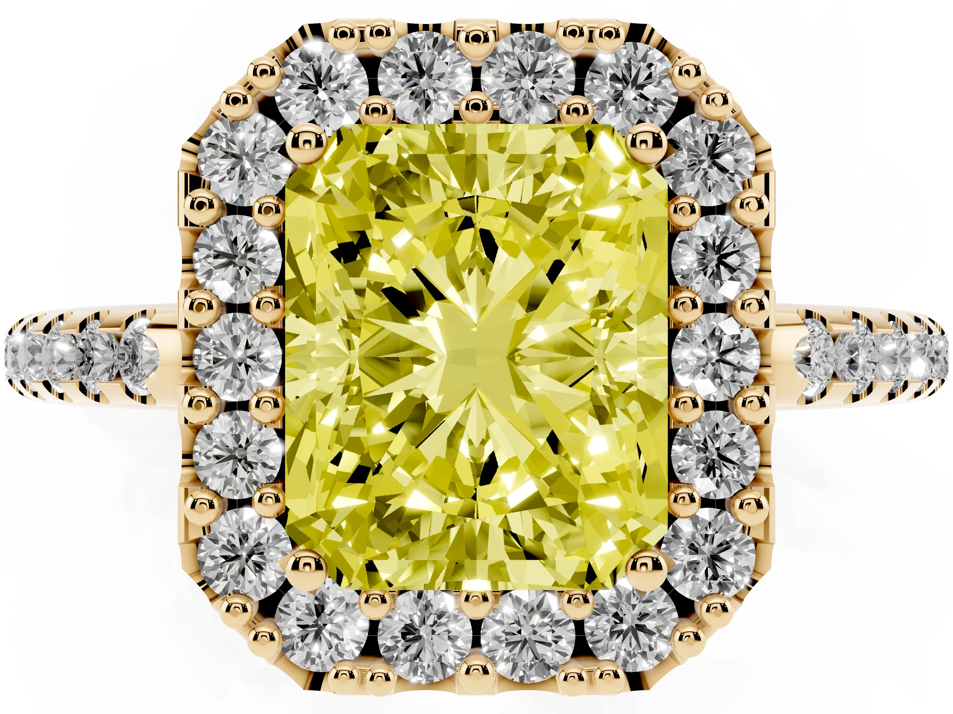 Fancy Yellow Radiant Cut Diamond Pavé Halo Ring Set in Yellow gold with Prong Setting