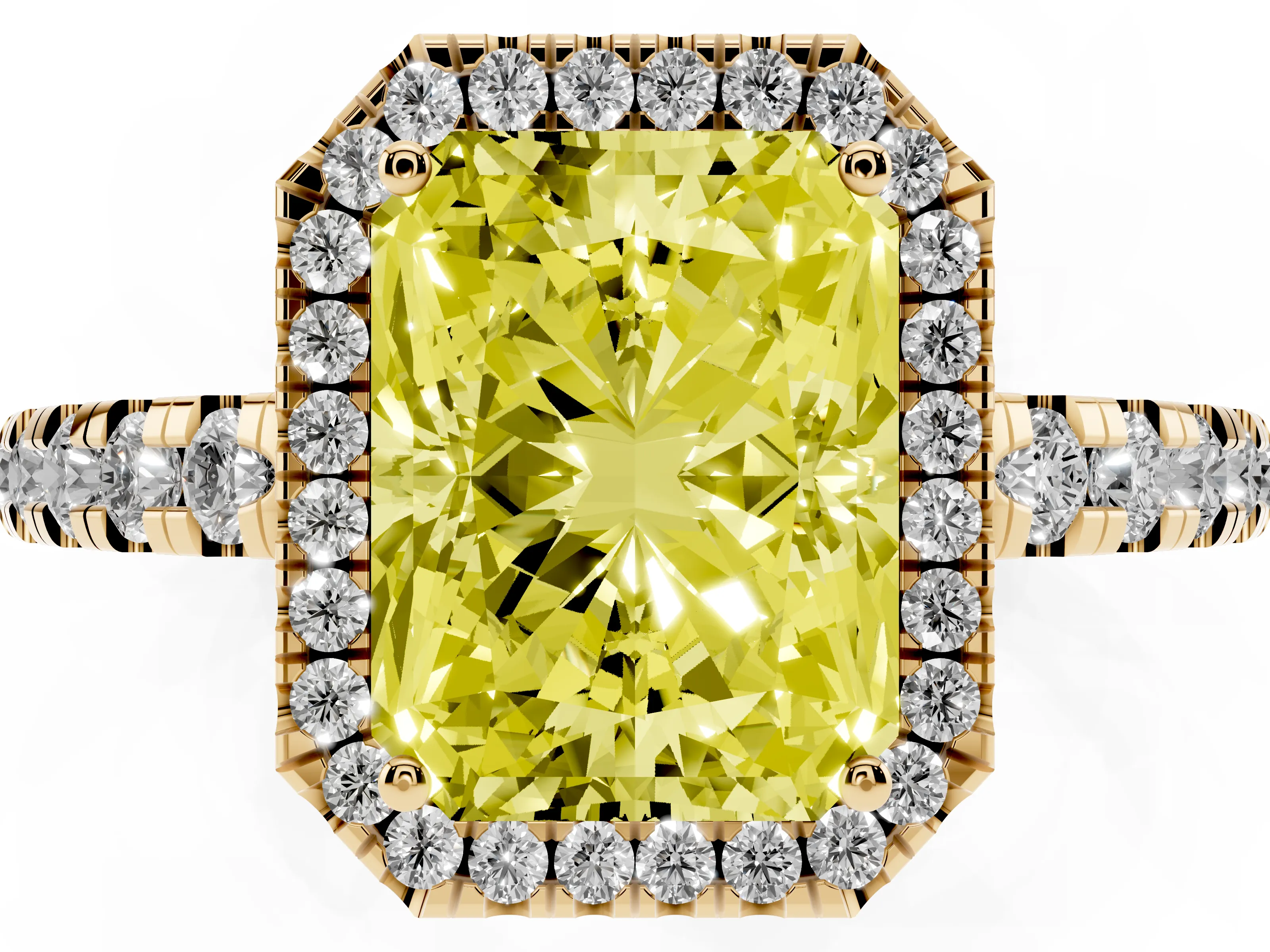 Fancy Yellow Radiant Cut Diamond Halo Ring Set in Yellow gold with Delicate Pavé Band and Prong Setting