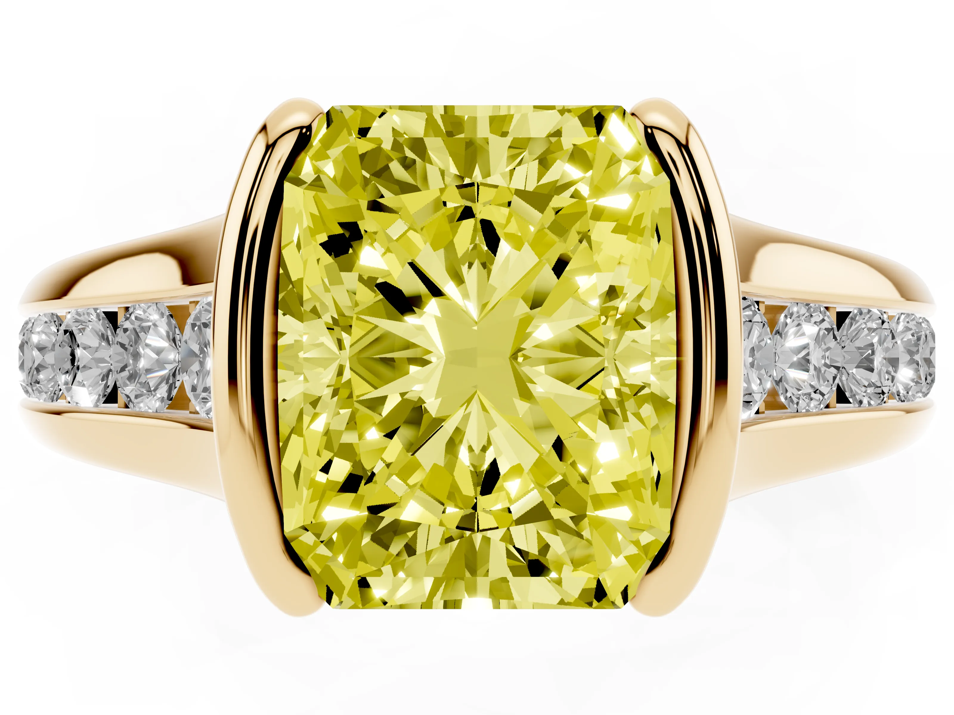 Fancy Yellow Radiant Cut Diamond Bezel-Set Solitaire Ring Set in Yellow gold with Channel-Set Band
