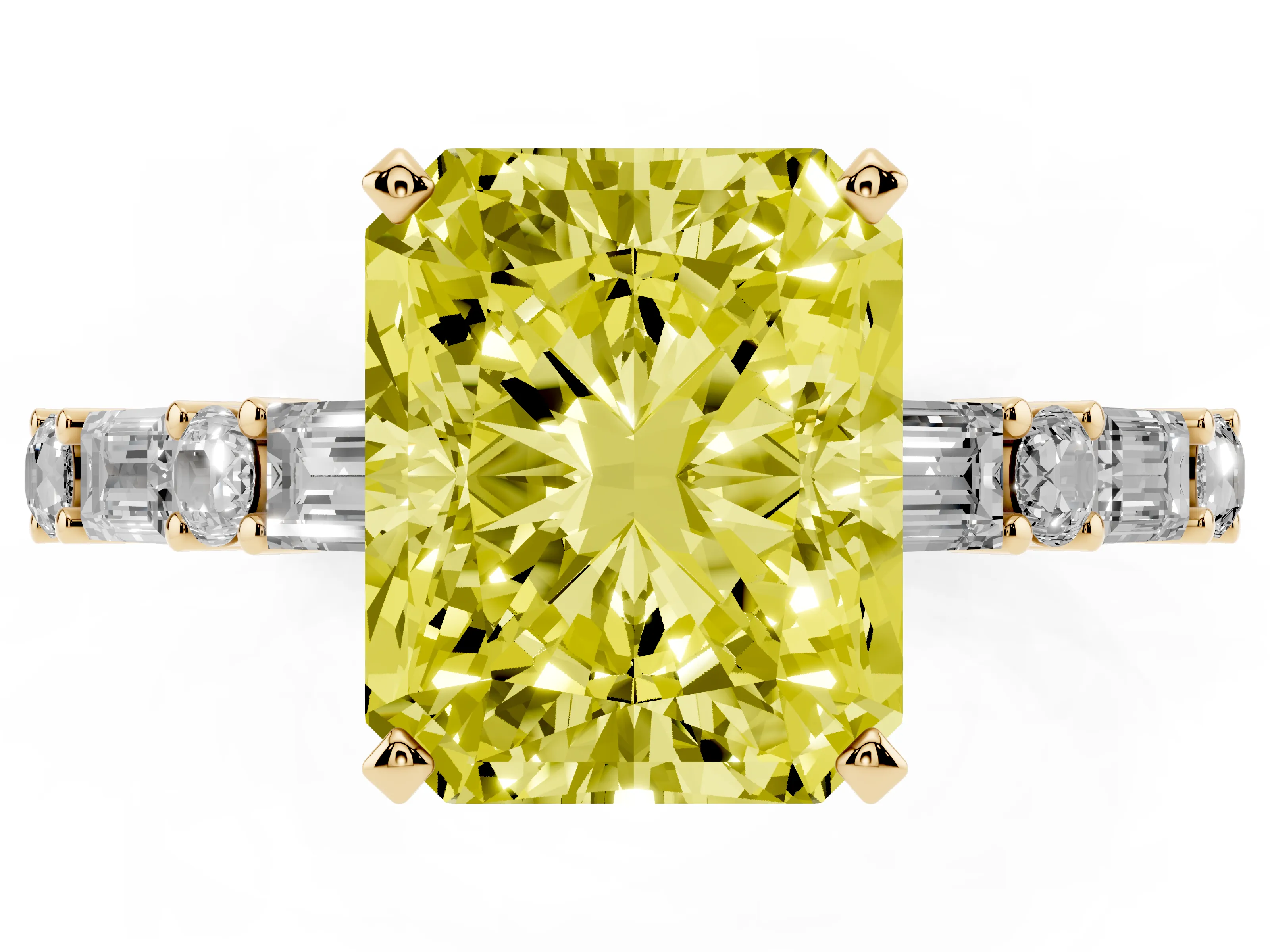 Fancy Yellow Radiant Cut Diamond Solitaire Set in Yellow gold with Side Baguettes and Channel Set Band