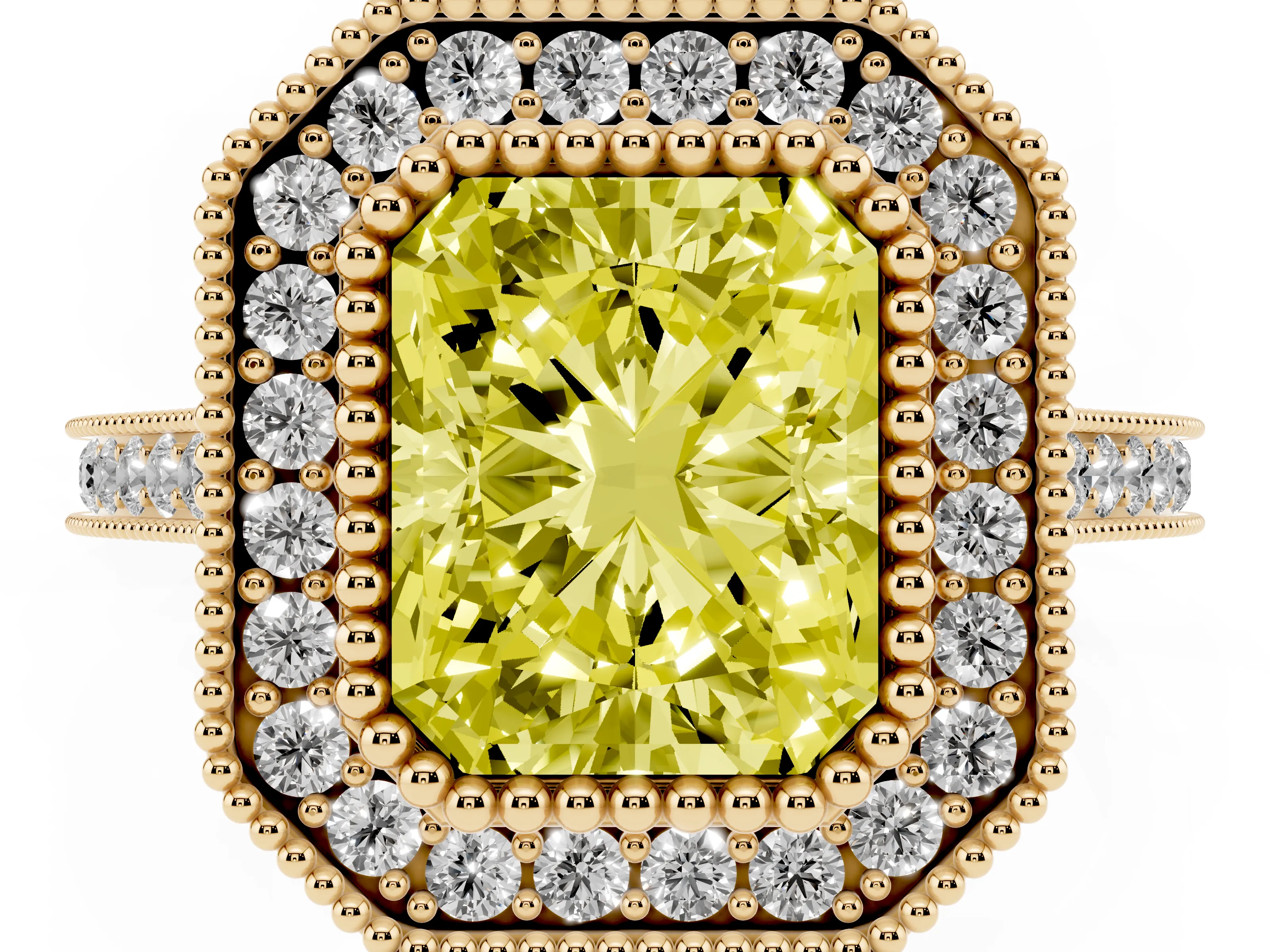 Fancy Yellow Radiant Cut Diamond Halo Ring Set in Yellow gold with Milgrain Frame and Pavé Band