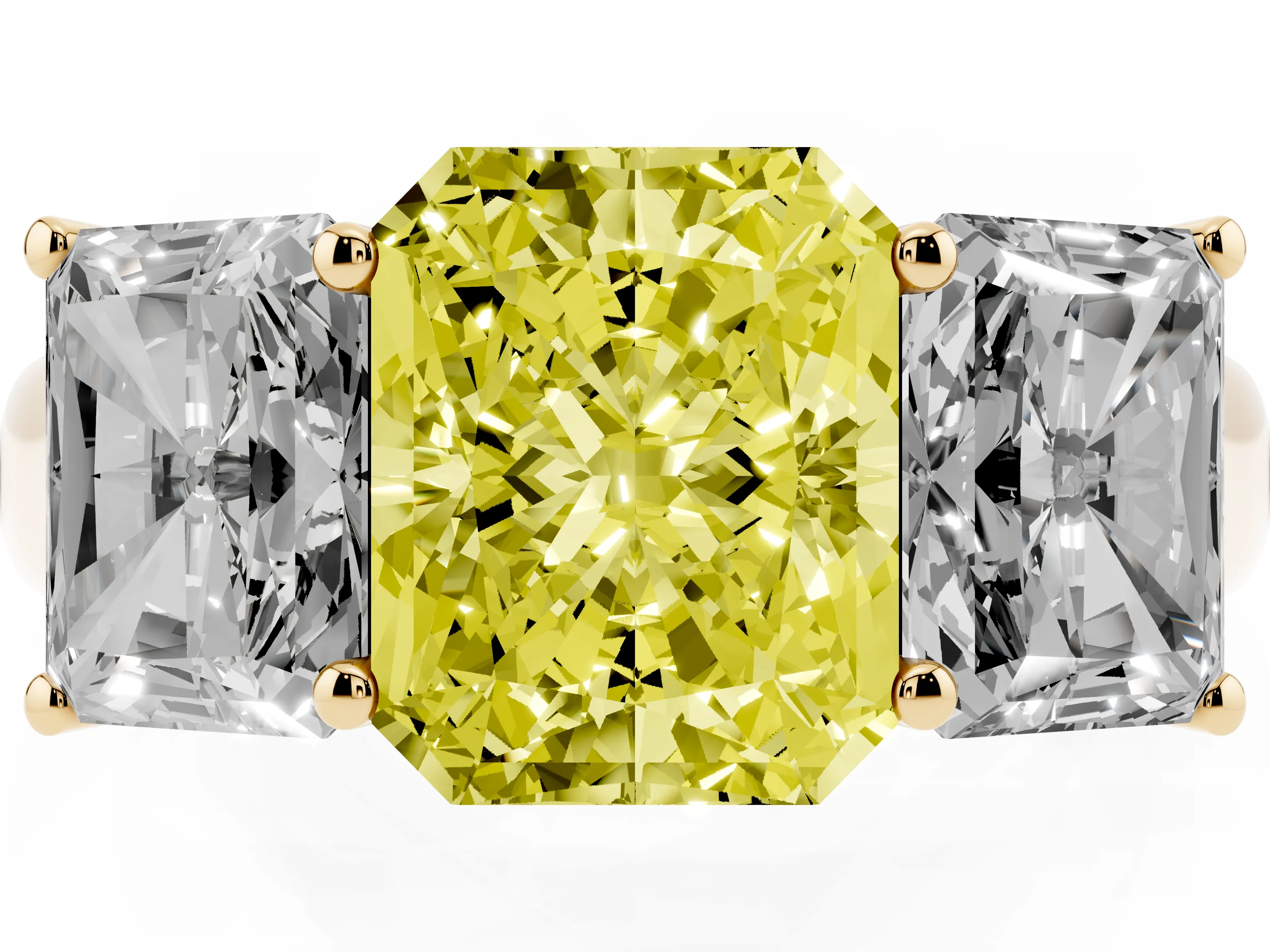 Fancy Yellow Radiant Cut Diamond Three-Stone Ring Set in Yellow gold with Plain Polished Band