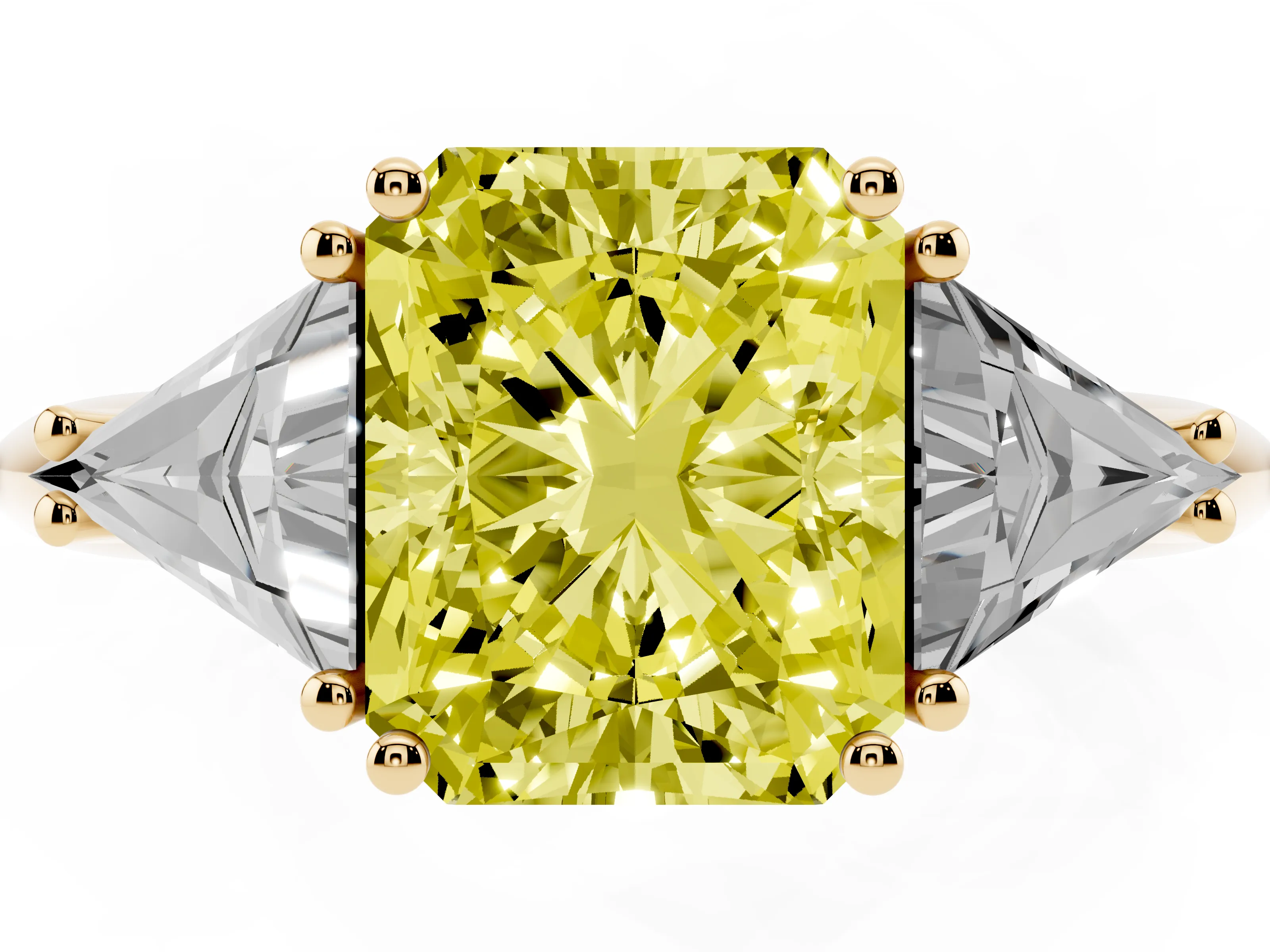 Fancy Yellow Radiant Cut Diamond Three-Stone Engagement Ring Set in Yellow gold with Trillion Side Stones