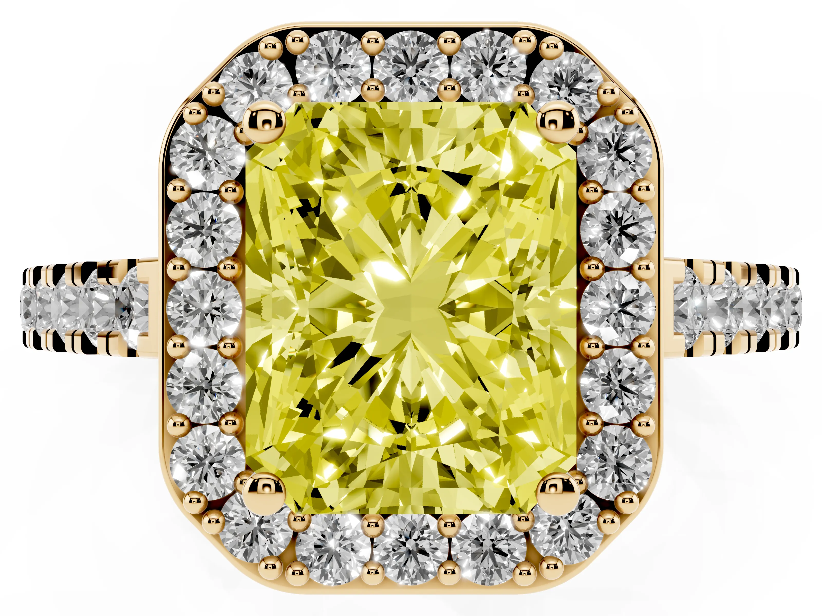 Fancy Yellow Radiant Cut Diamond Halo Ring Set in Yellow gold with Round Pavé Split Shank and Prong Setting
