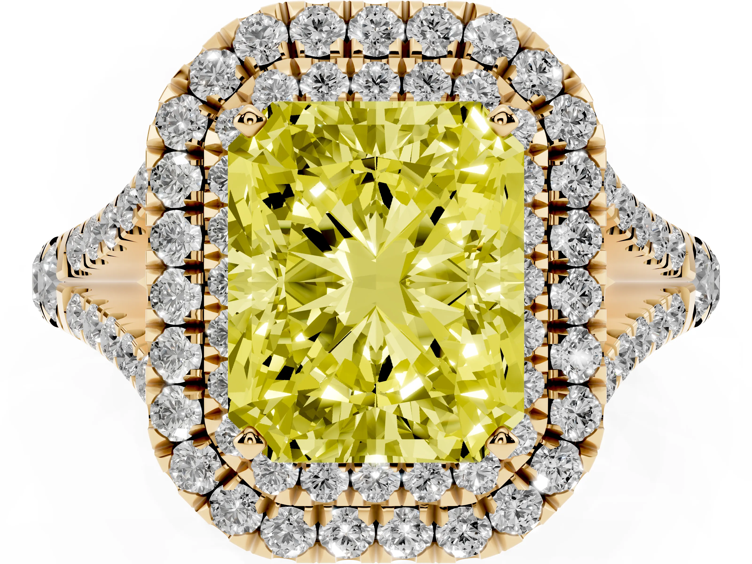 Fancy Yellow Radiant Cut Diamond Pavé Split Shank Double Halo Engagement Ring Set in Yellow gold