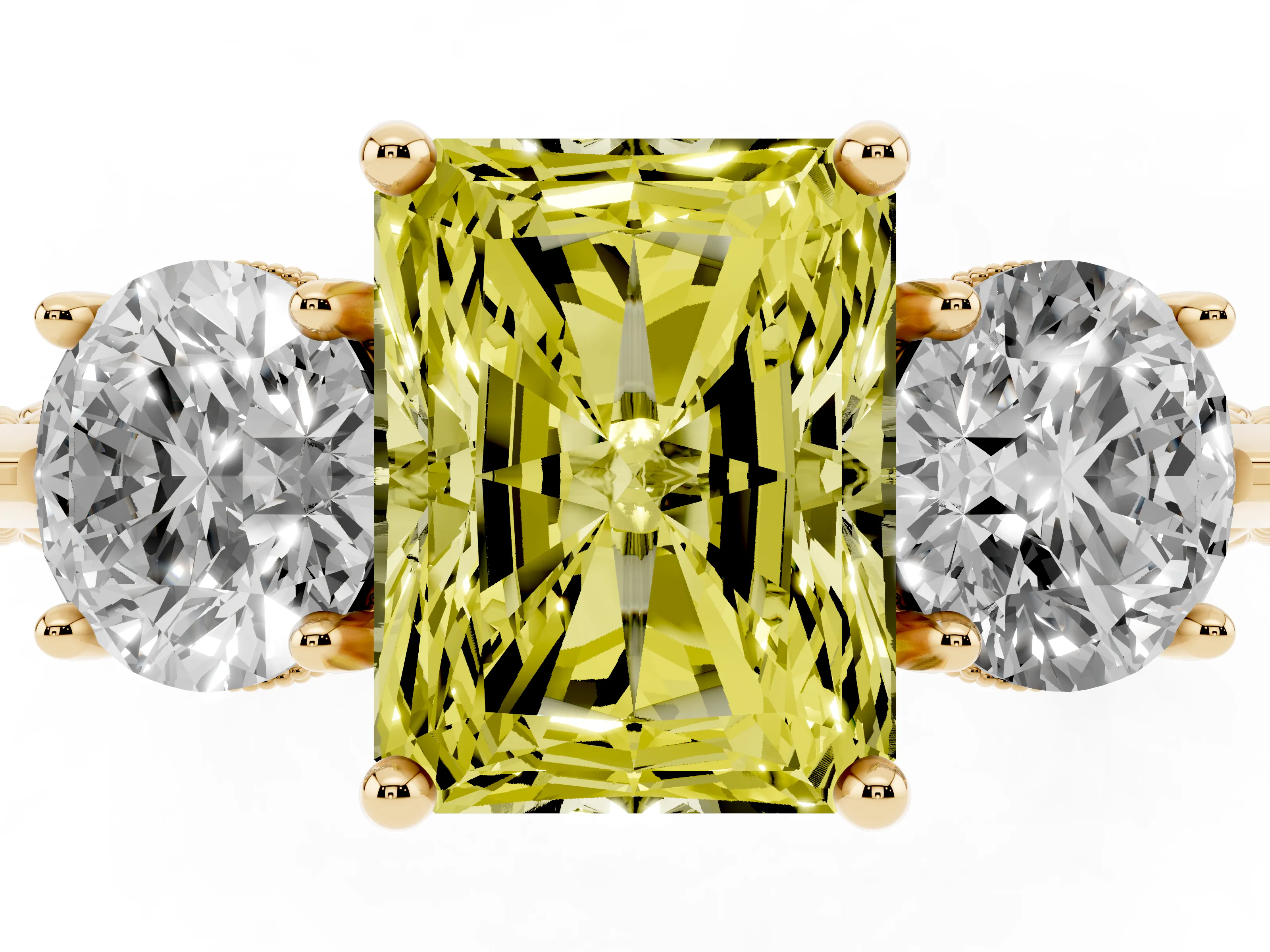 Fancy Yellow Radiant Cut Diamond Three-Stone Ring Set in Yellow gold with Milgrain Band
