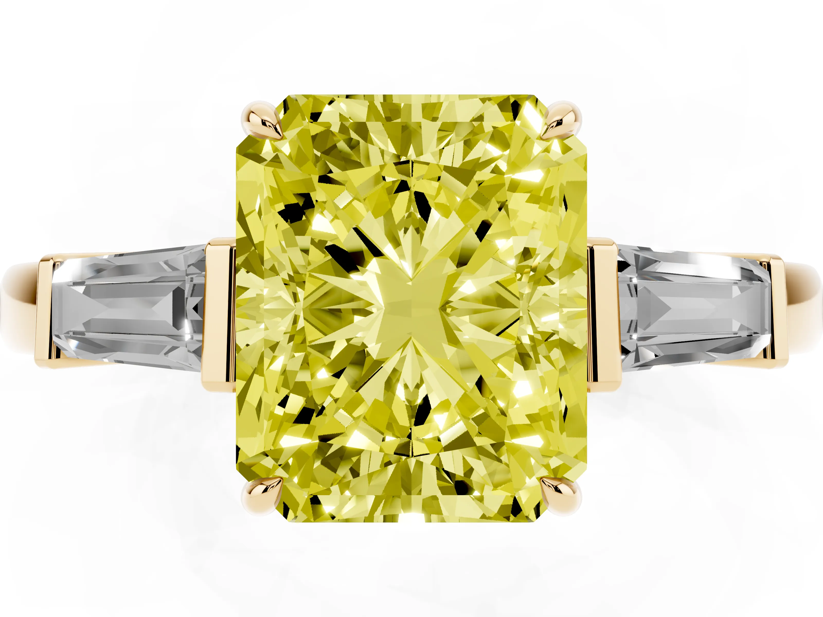 Fancy Yellow Radiant Cut Diamond Three-Stone Ring Set in Yellow gold with Tapered Baguette Side Stones and Prong Setting