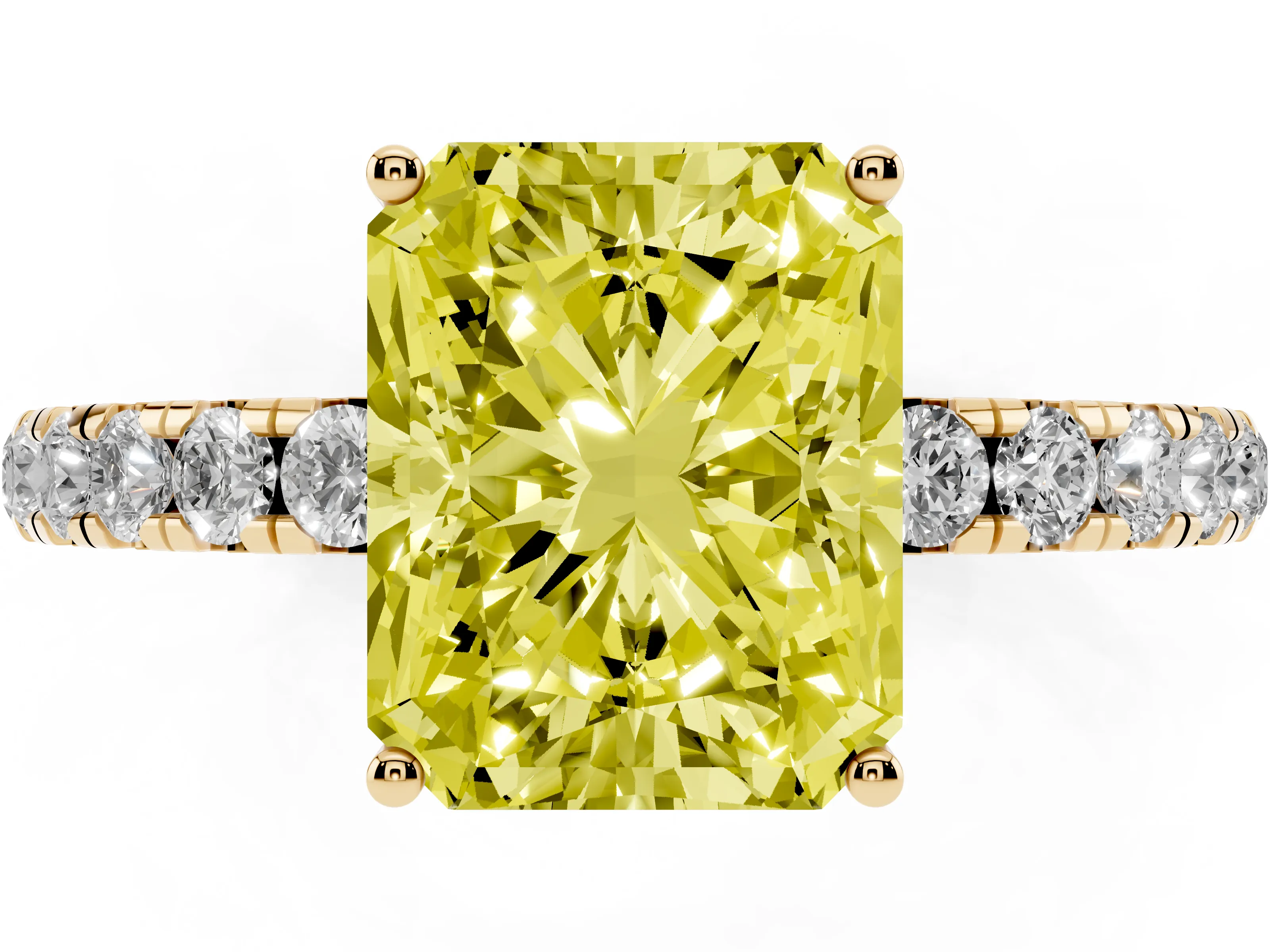 Fancy Yellow Radiant Cut Diamond Pavé Solitaire Engagement Ring Set in Yellow gold with Prong Setting