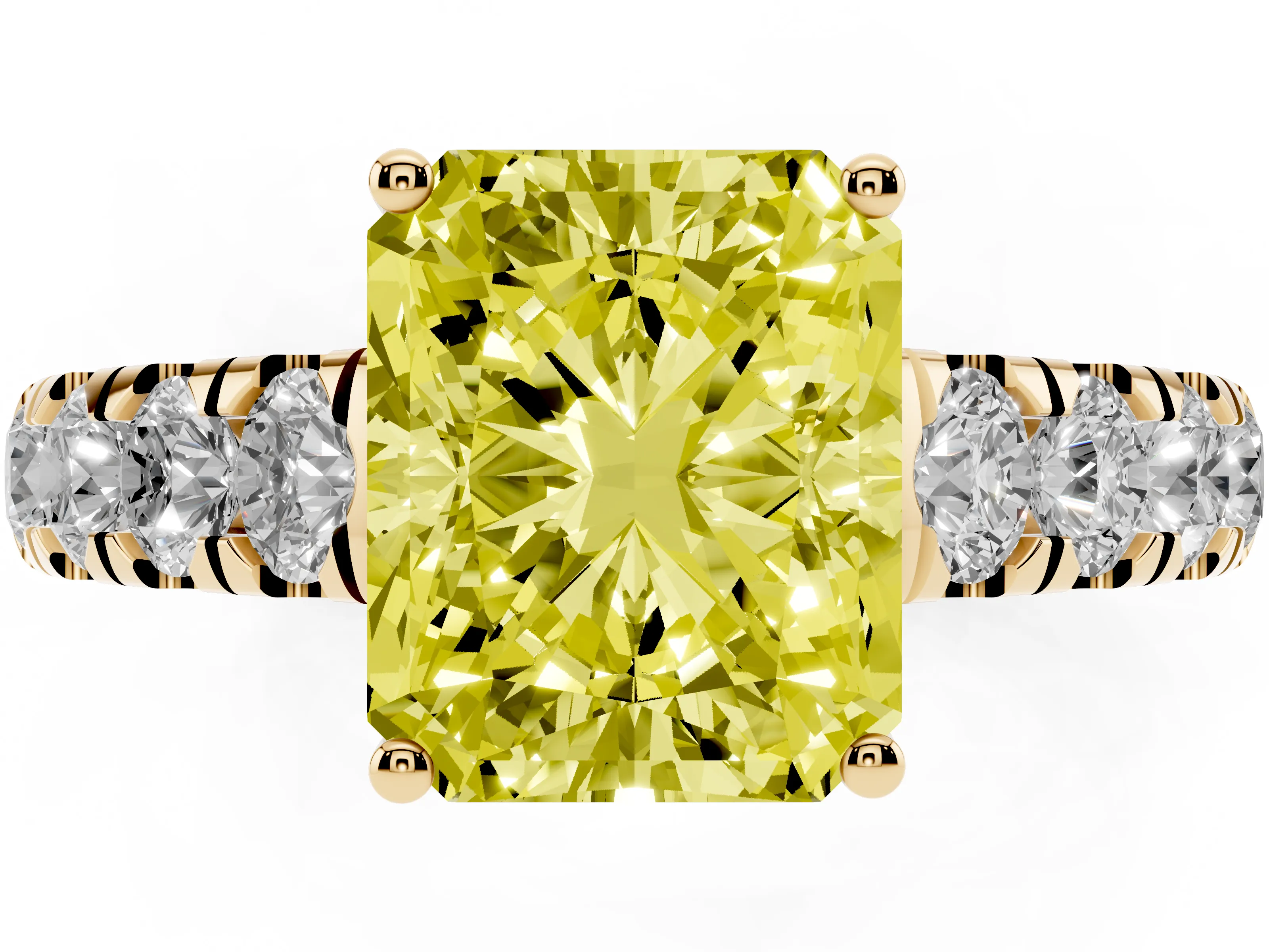 Fancy Yellow Radiant Cut Diamond Solitaire Ring Set in Yellow gold with Cut-Down Micro Pavé Band and Prong Setting