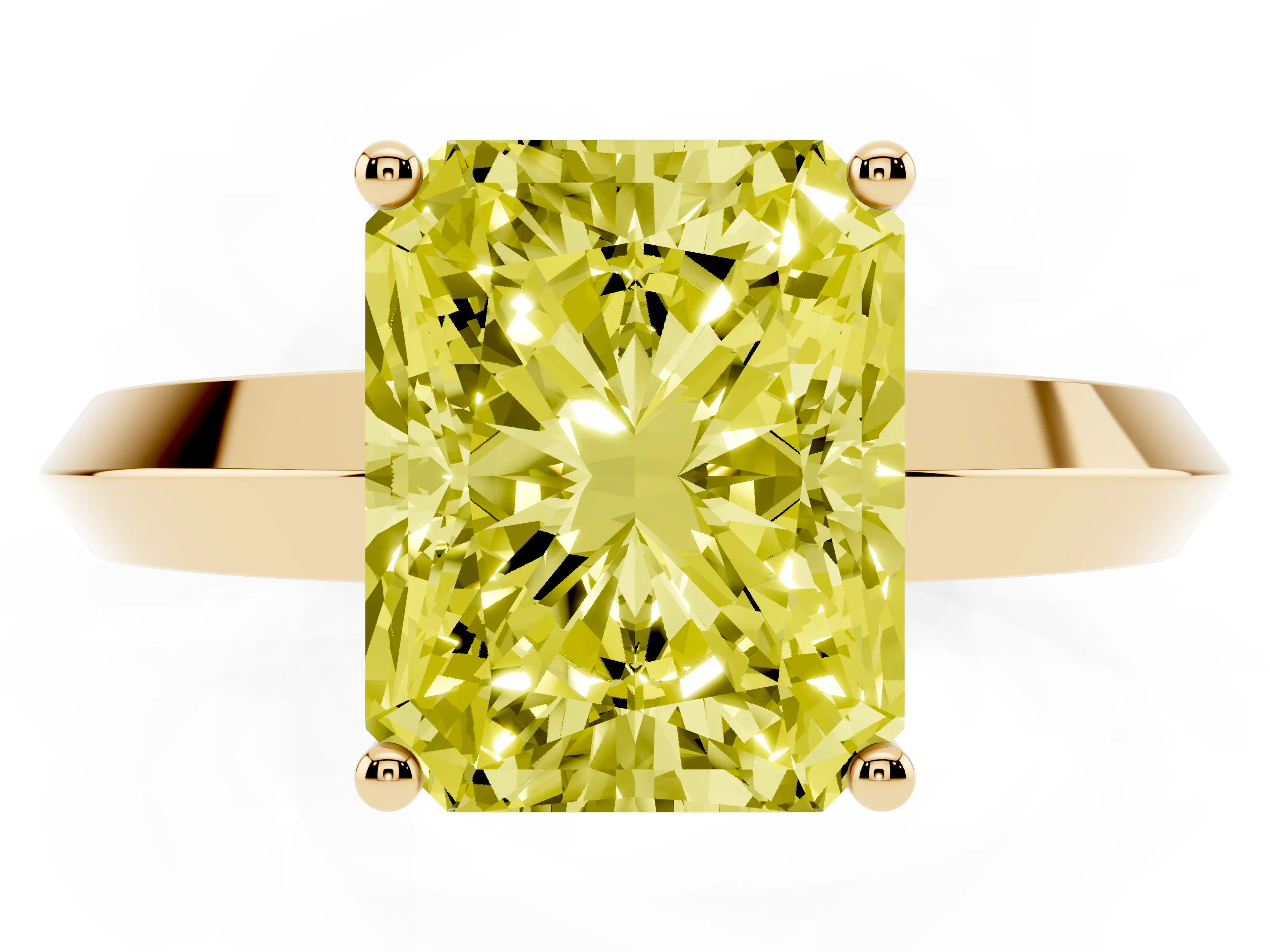 Fancy Yellow Radiant Cut Diamond Solitaire Engagement Ring Set in Yellow gold with Flat Band and Prong Setting