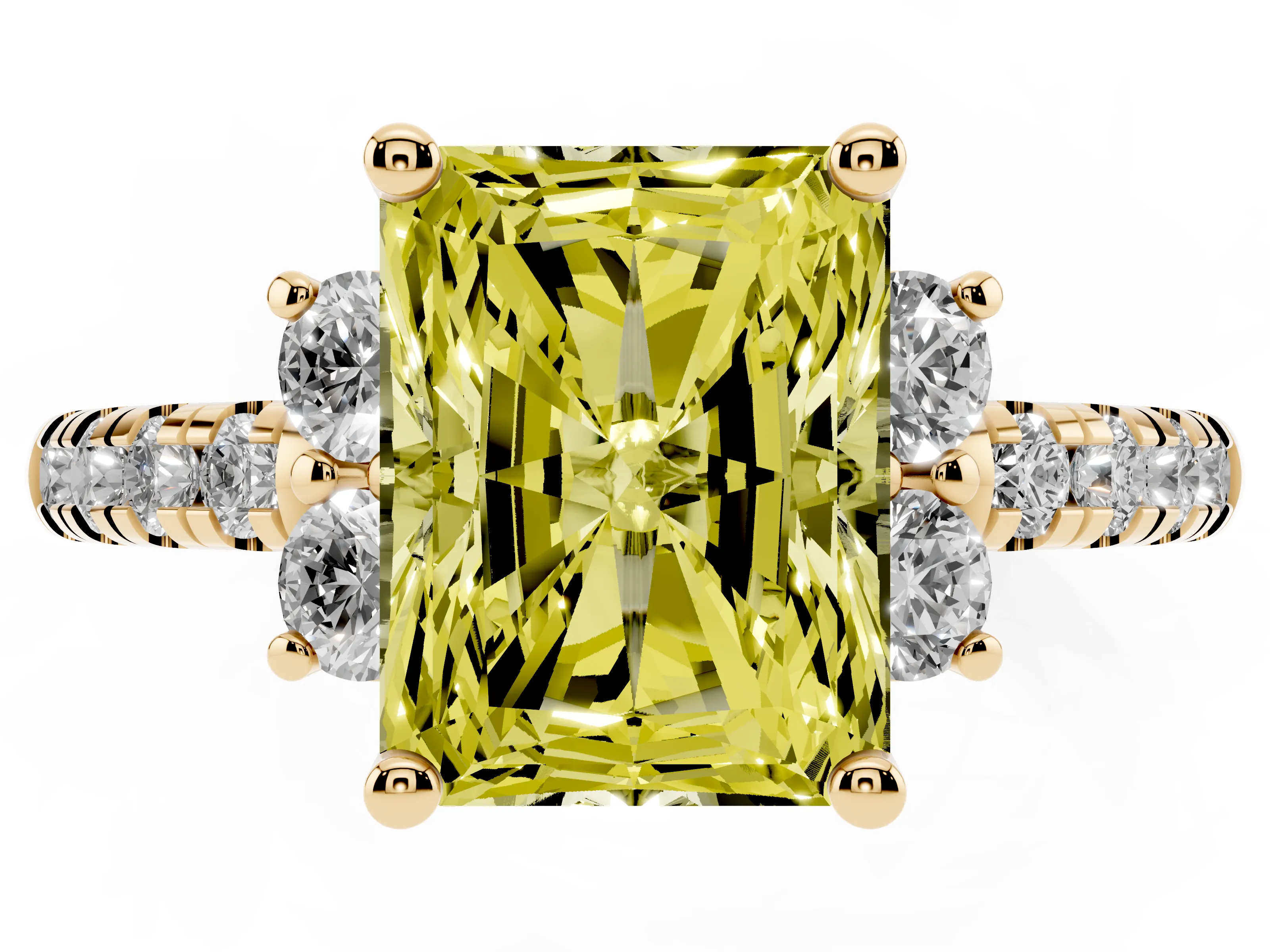 Fancy Yellow Radiant Cut Diamond Three-Stone Pavé Ring Set in Yellow gold with Prong Setting