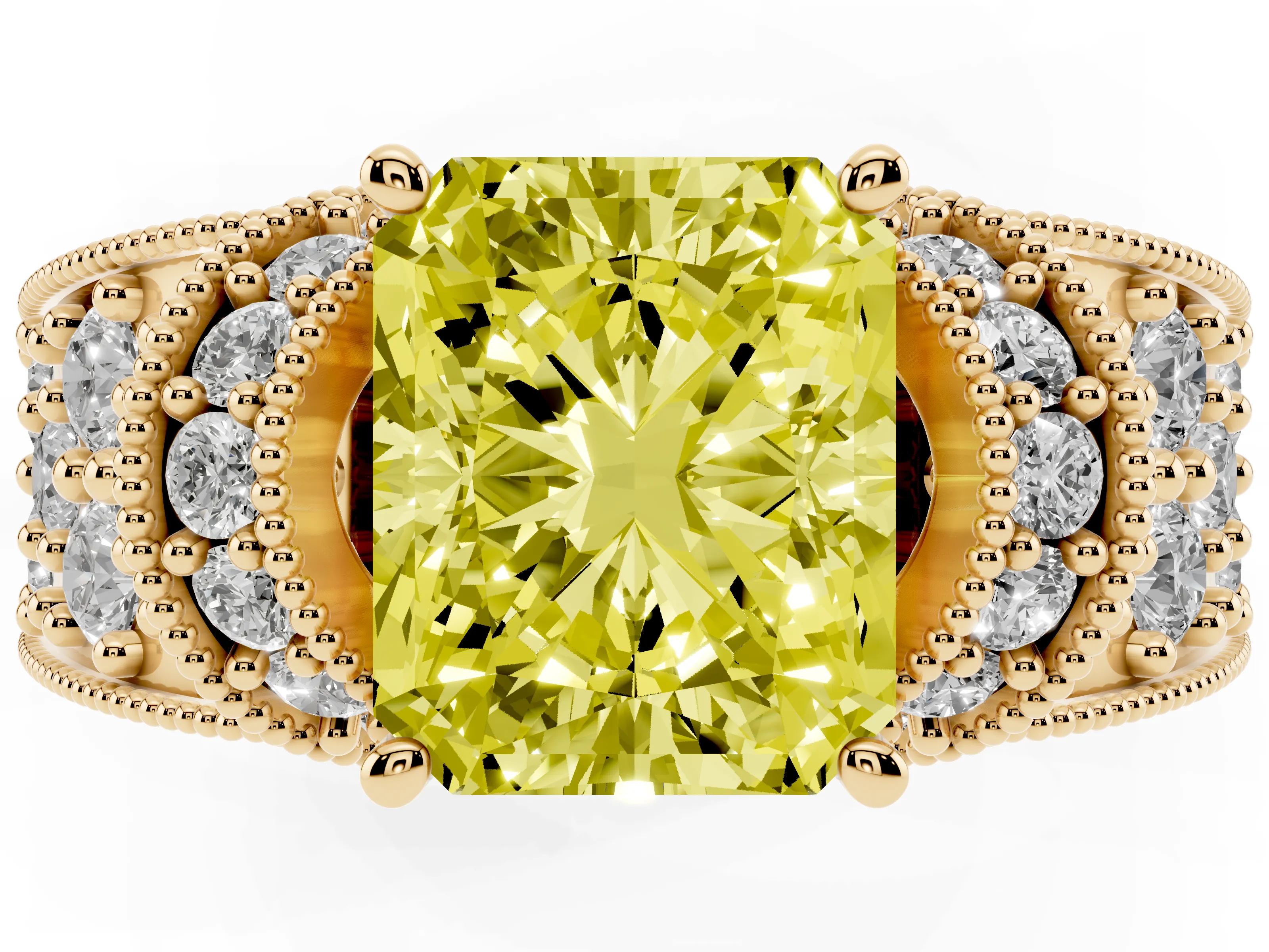 Fancy Yellow Radiant Cut Diamond Milgrain Halo Pavé Engagement Ring Set in Yellow gold with Prong Setting