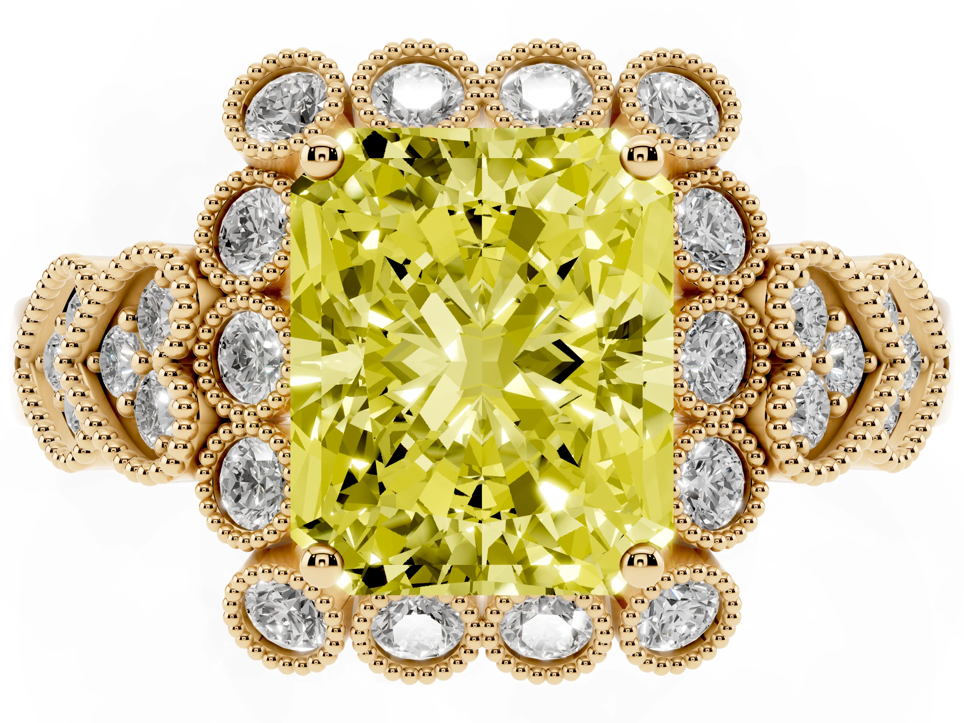 Fancy Yellow Radiant Cut Diamond Solitaire Ring Set in Yellow gold with Milgrain Pavé Heart Band