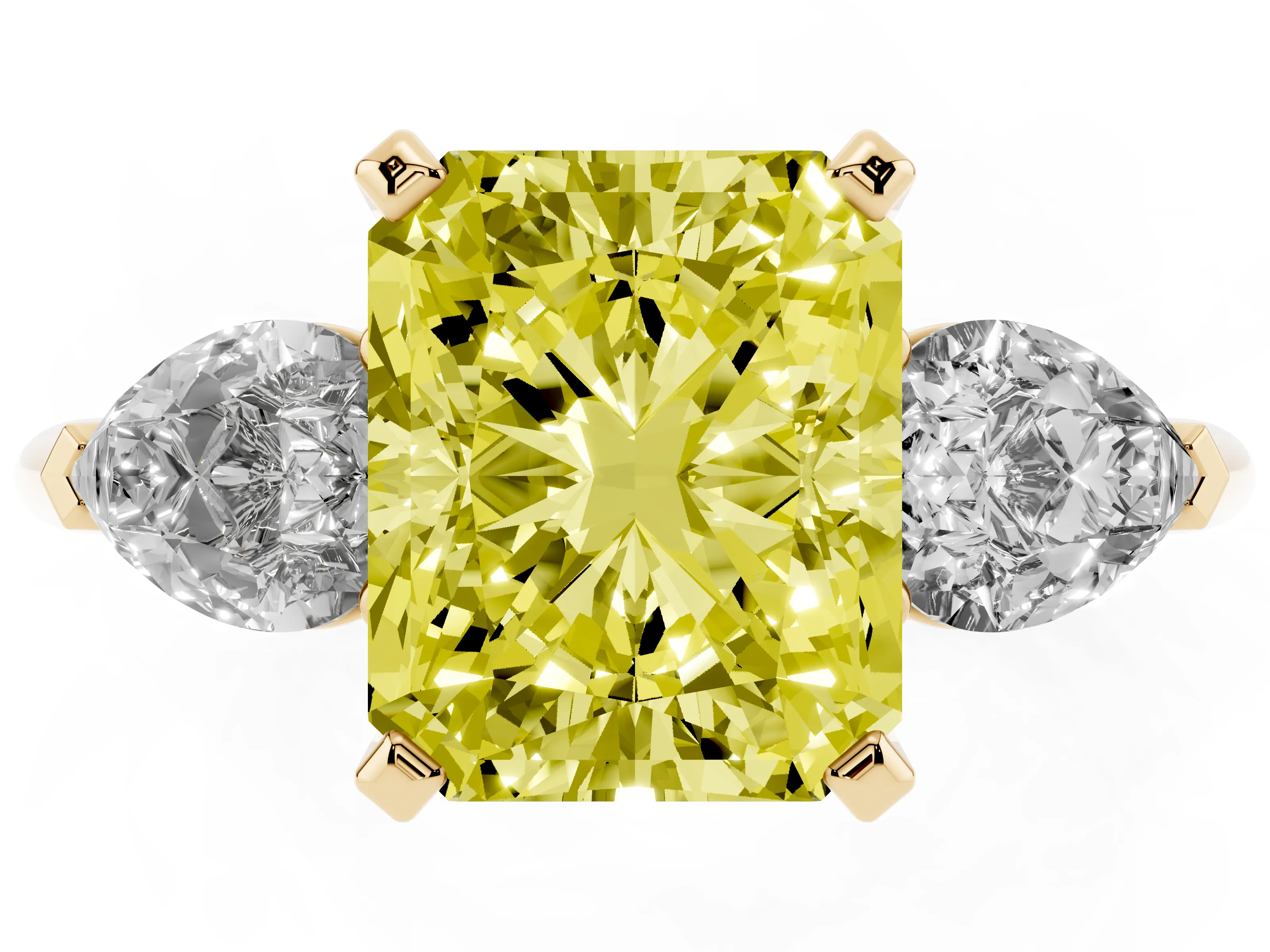 Fancy Yellow Three-Stone Radiant Cut Diamond Ring Set in Yellow gold with Pear Side Stones and Prong Setting
