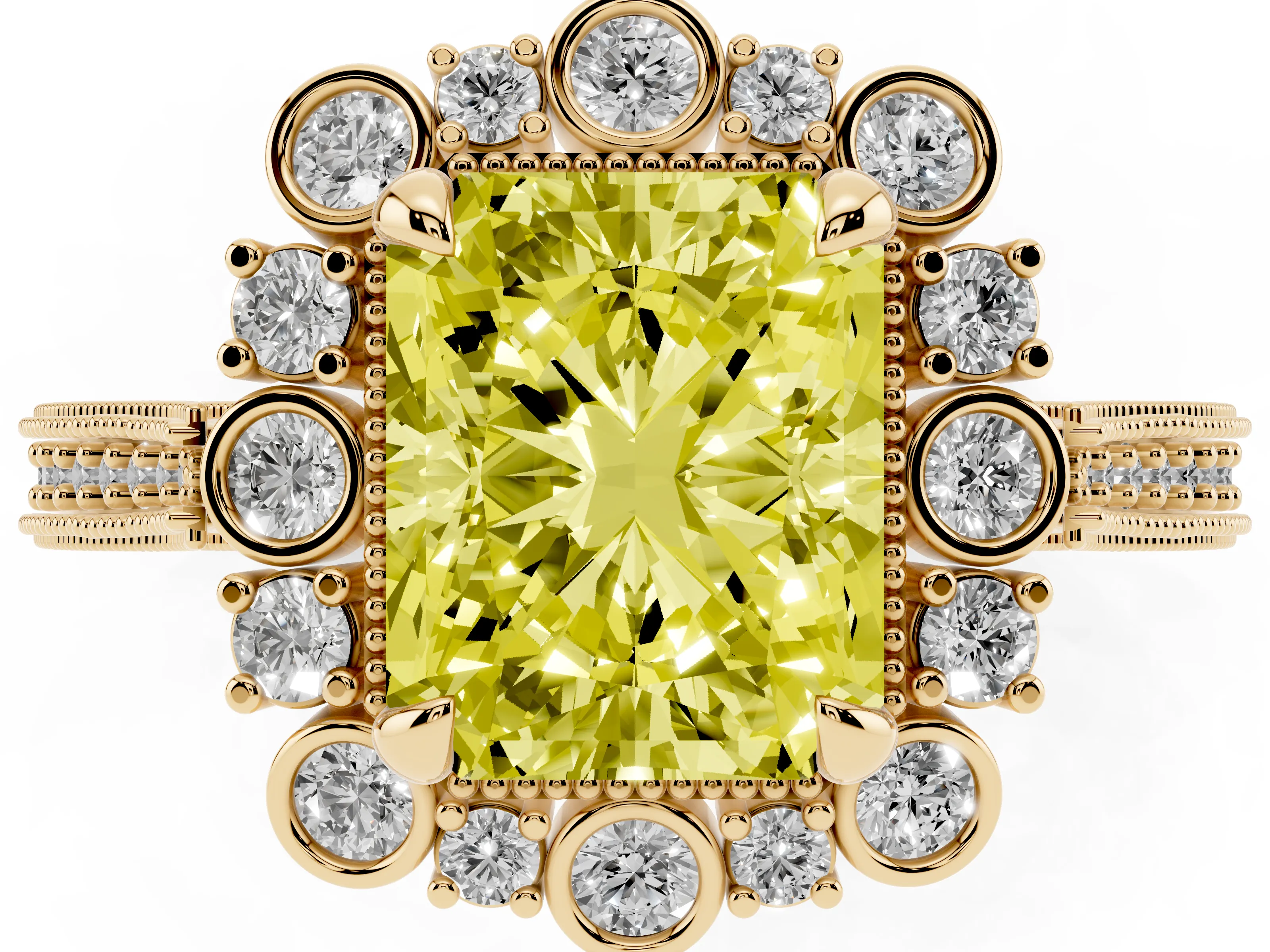Fancy Yellow Radiant Cut Diamond Halo Milgrain Pavé Ring Set in Yellow gold with Prong Setting