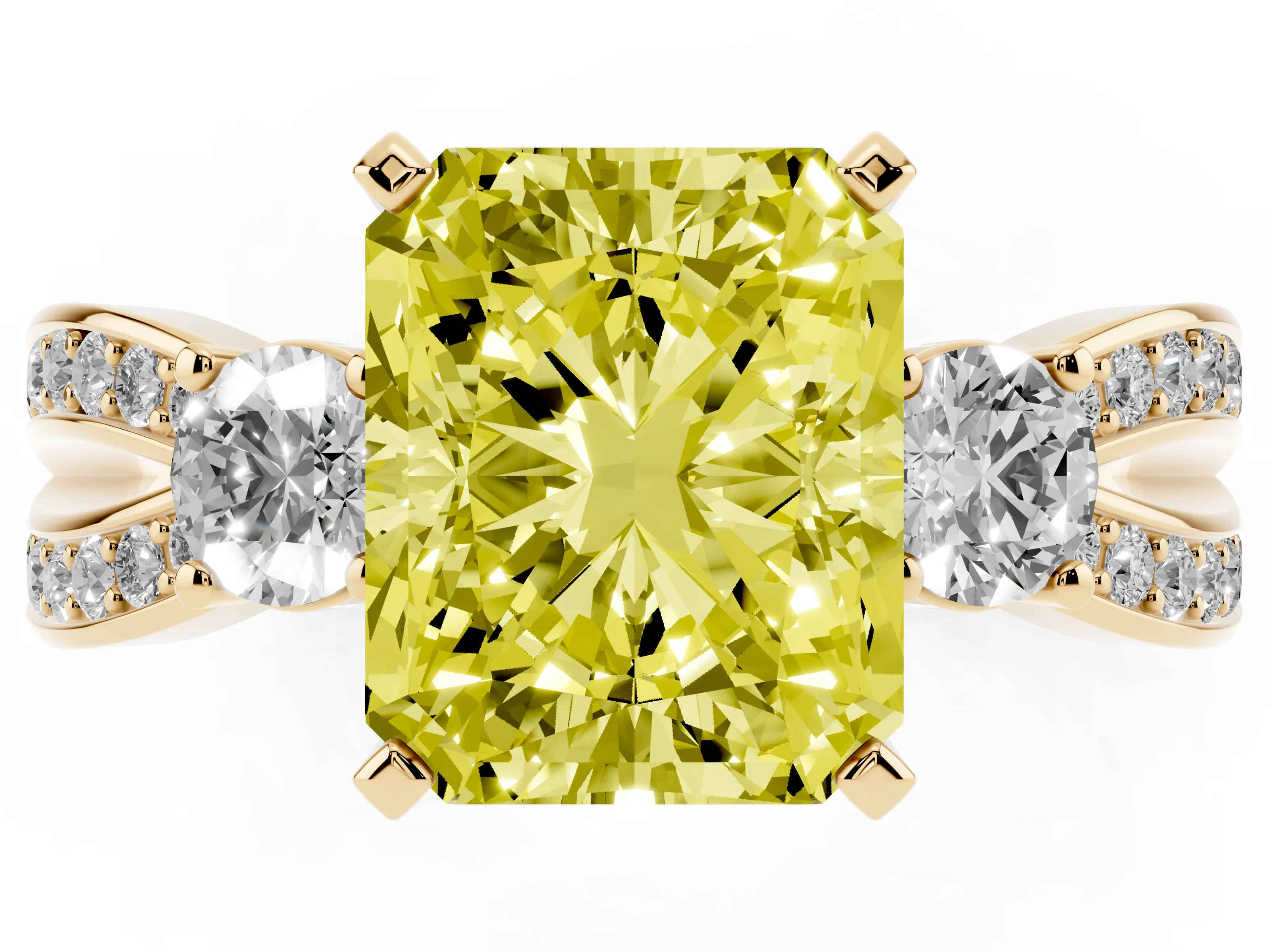 Fancy Yellow Three-Stone Radiant Cut Diamond Twist Band Ring Set in Yellow gold with Pavé Accents and Prong Setting