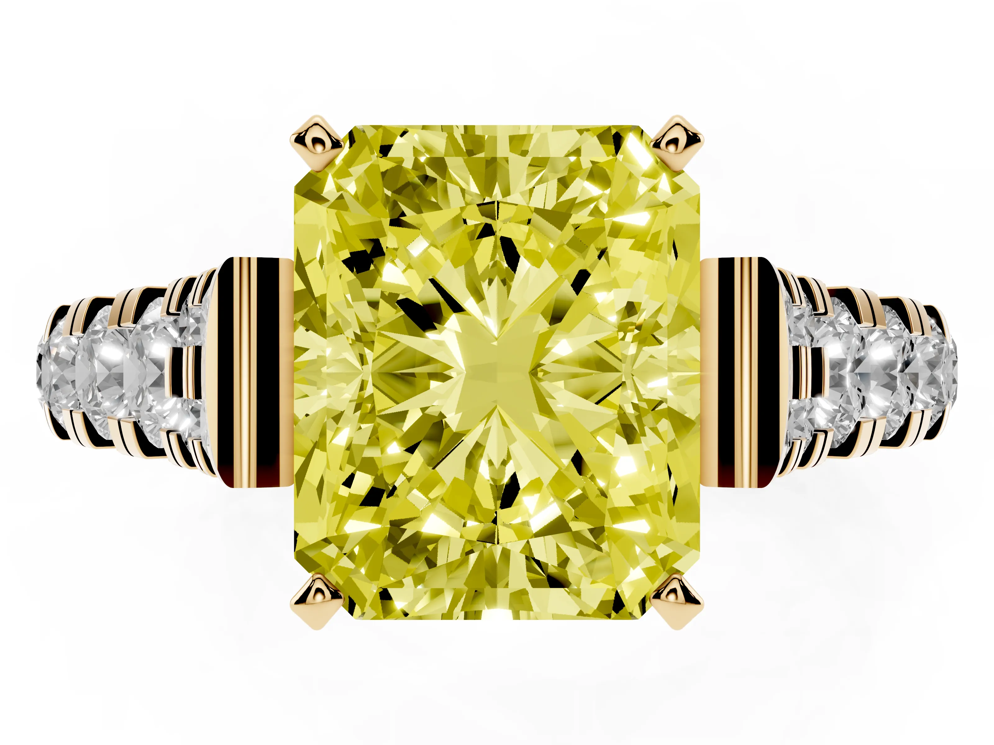 Fancy Yellow Radiant Cut Diamond Classic Solitaire Ring Set in Yellow gold with Pavé Band and Prong Setting