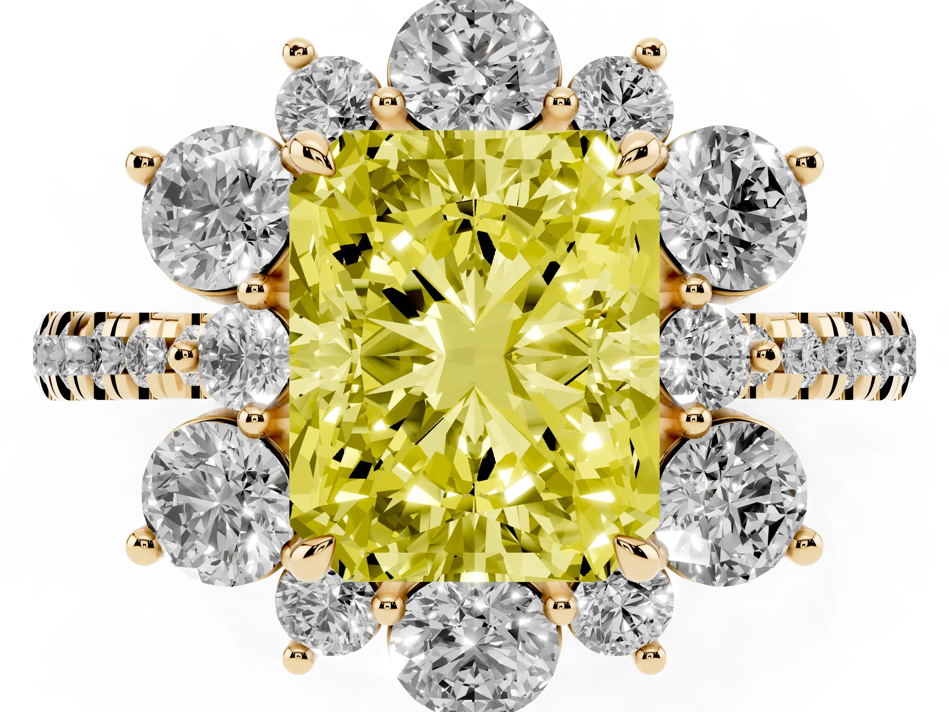 Fancy Yellow Radiant Cut Diamond Floral Halo Ring Set in Yellow gold with Round Pavé Band and Prong Setting