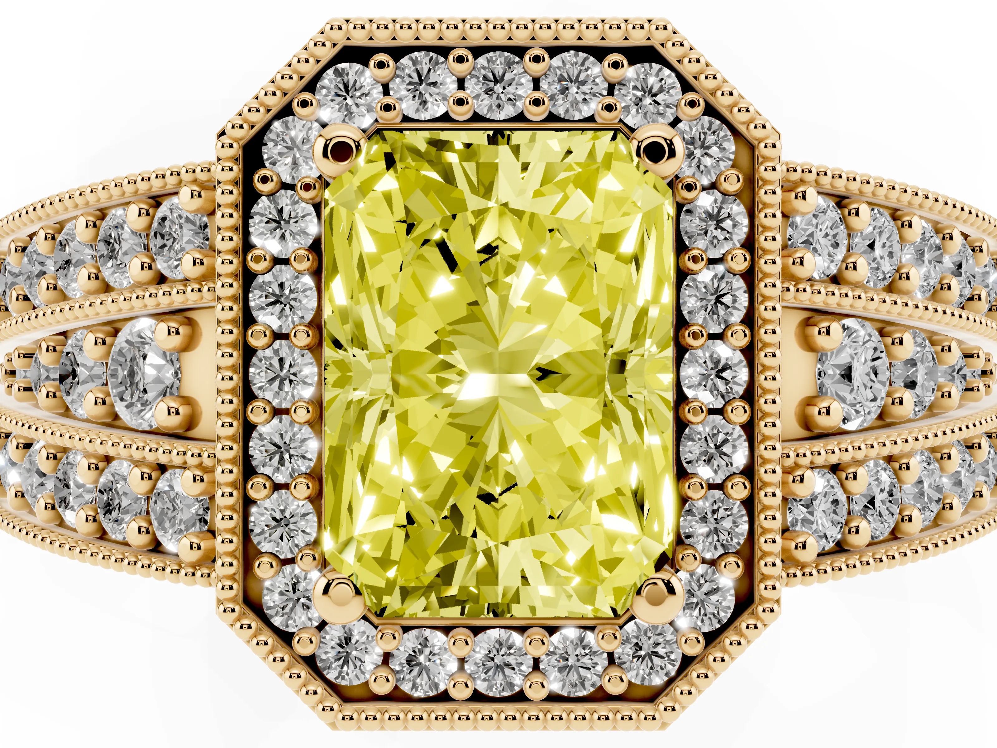 Fancy Yellow Radiant Cut Diamond Halo Ring Set in Yellow gold with Accent Split Shank and Prong Setting