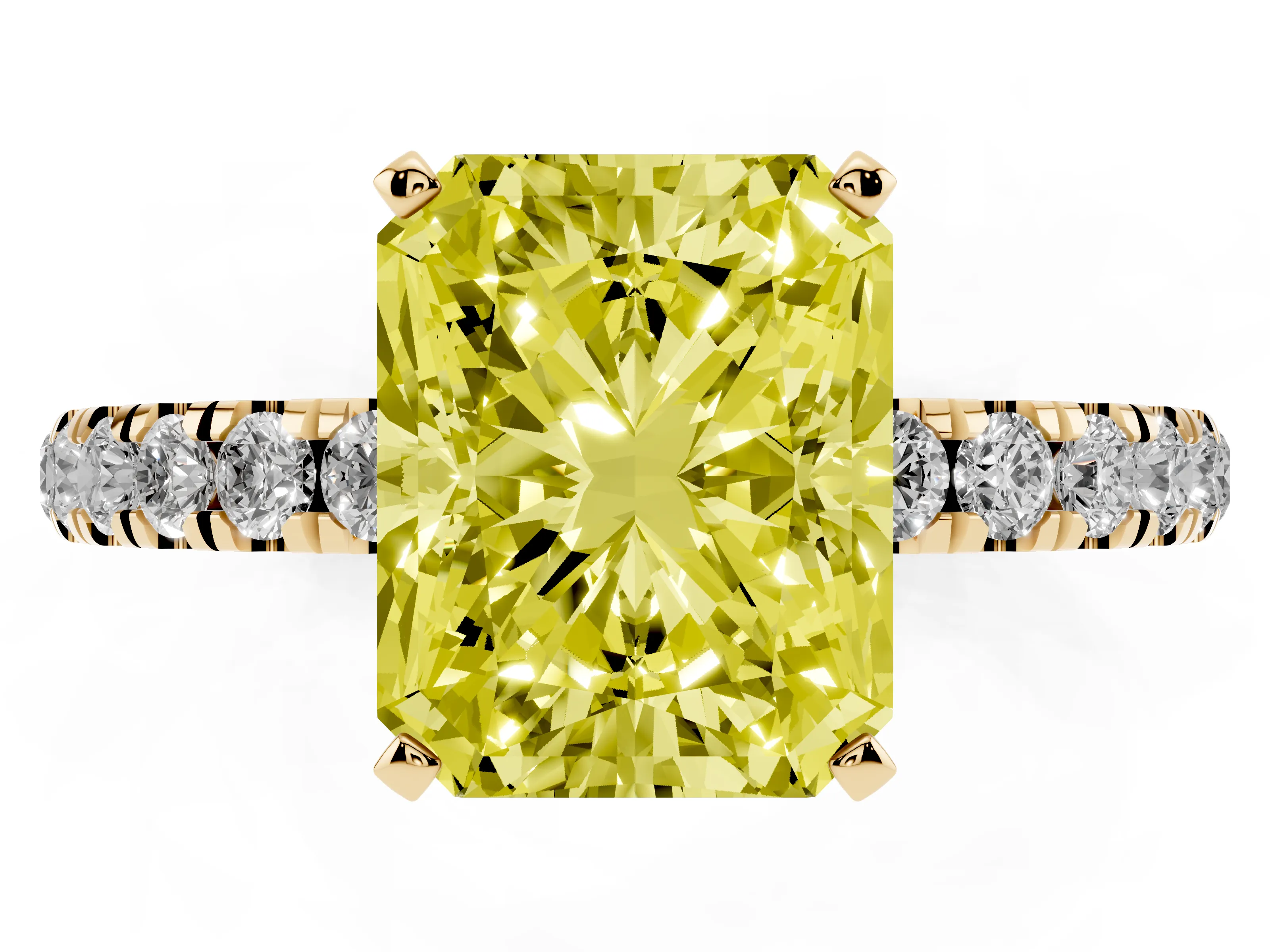 Fancy Yellow Radiant Cut Diamond Solitaire Ring Set in Yellow gold with Pavé Accents and Prong Setting