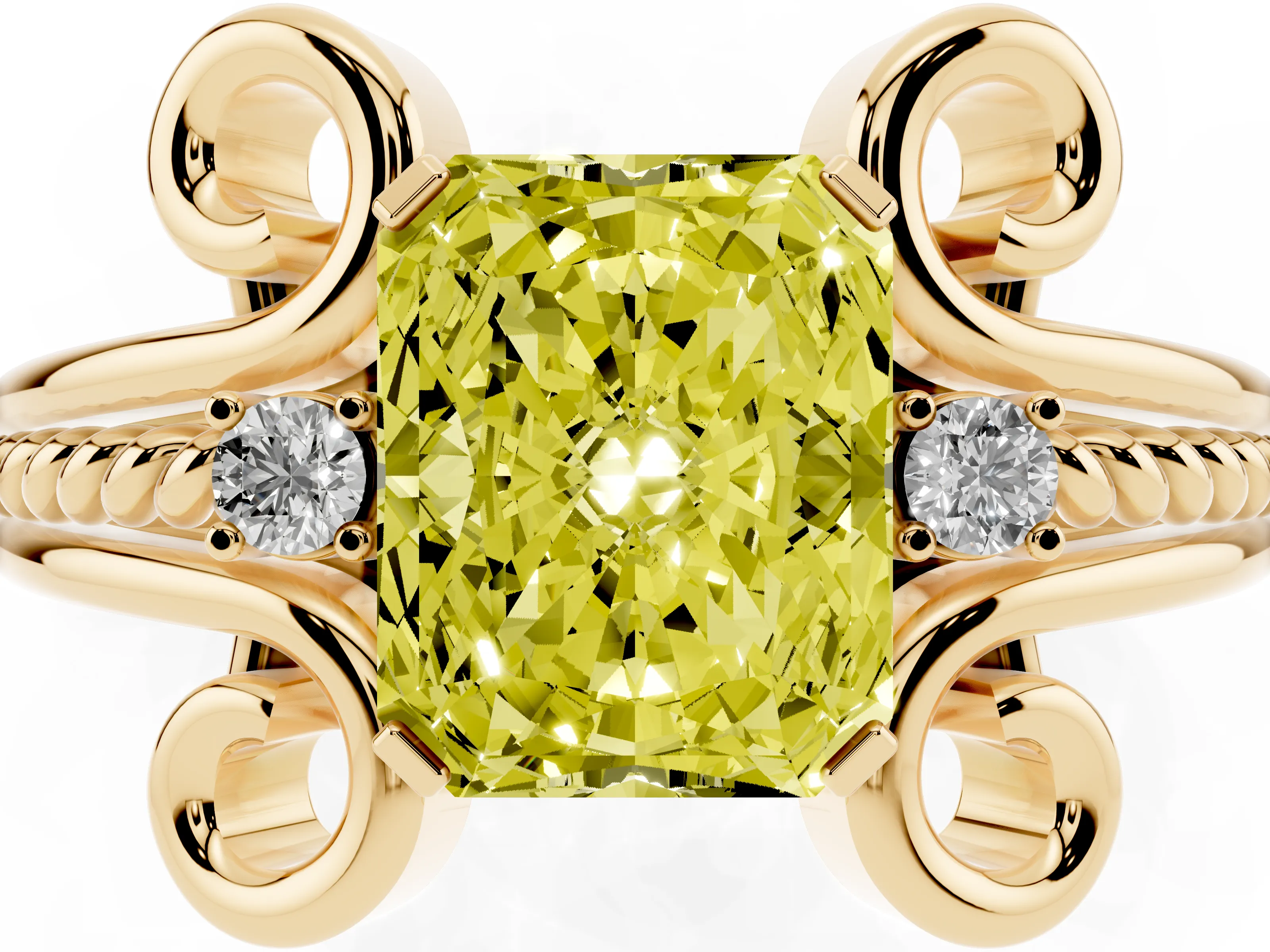 Fancy Yellow Radiant Cut Diamond Twisted Band Solitaire Ring Set in Yellow gold with Scroll Prongs