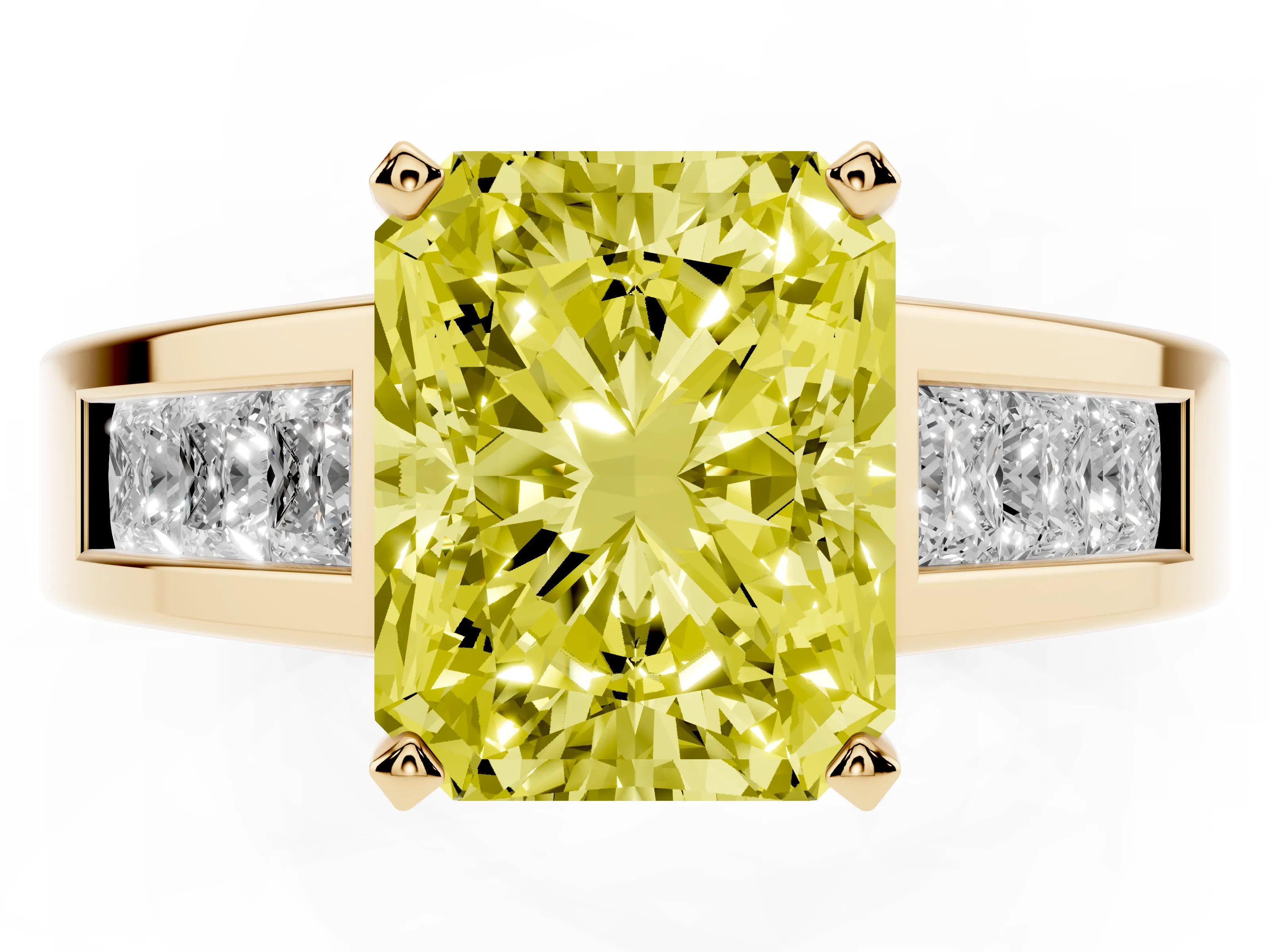 Fancy Yellow Radiant Cut Diamond Solitaire Ring Set in Yellow gold with Channel-Set Accent Stones and Prong Setting
