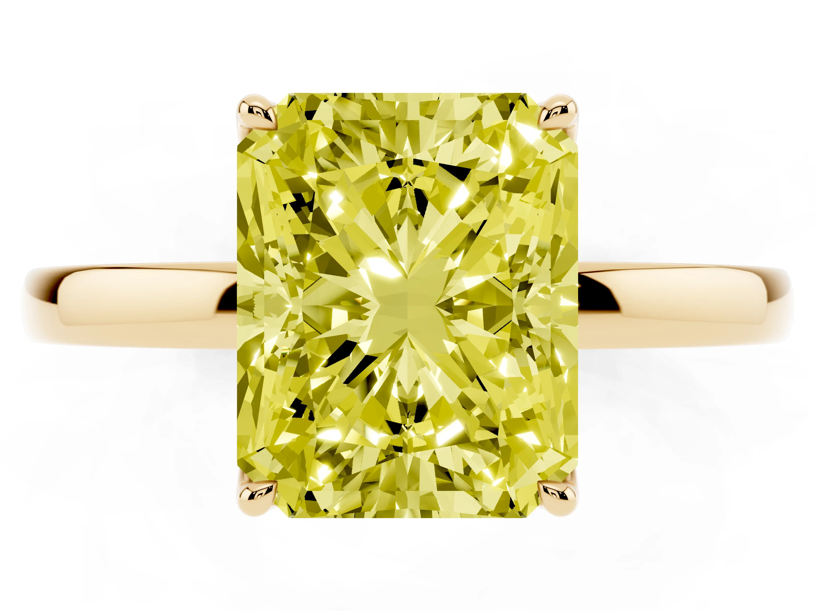 Fancy Yellow Radiant Cut Diamond Solitaire Ring Set in Yellow gold with Prong Setting and Thin Polished Band