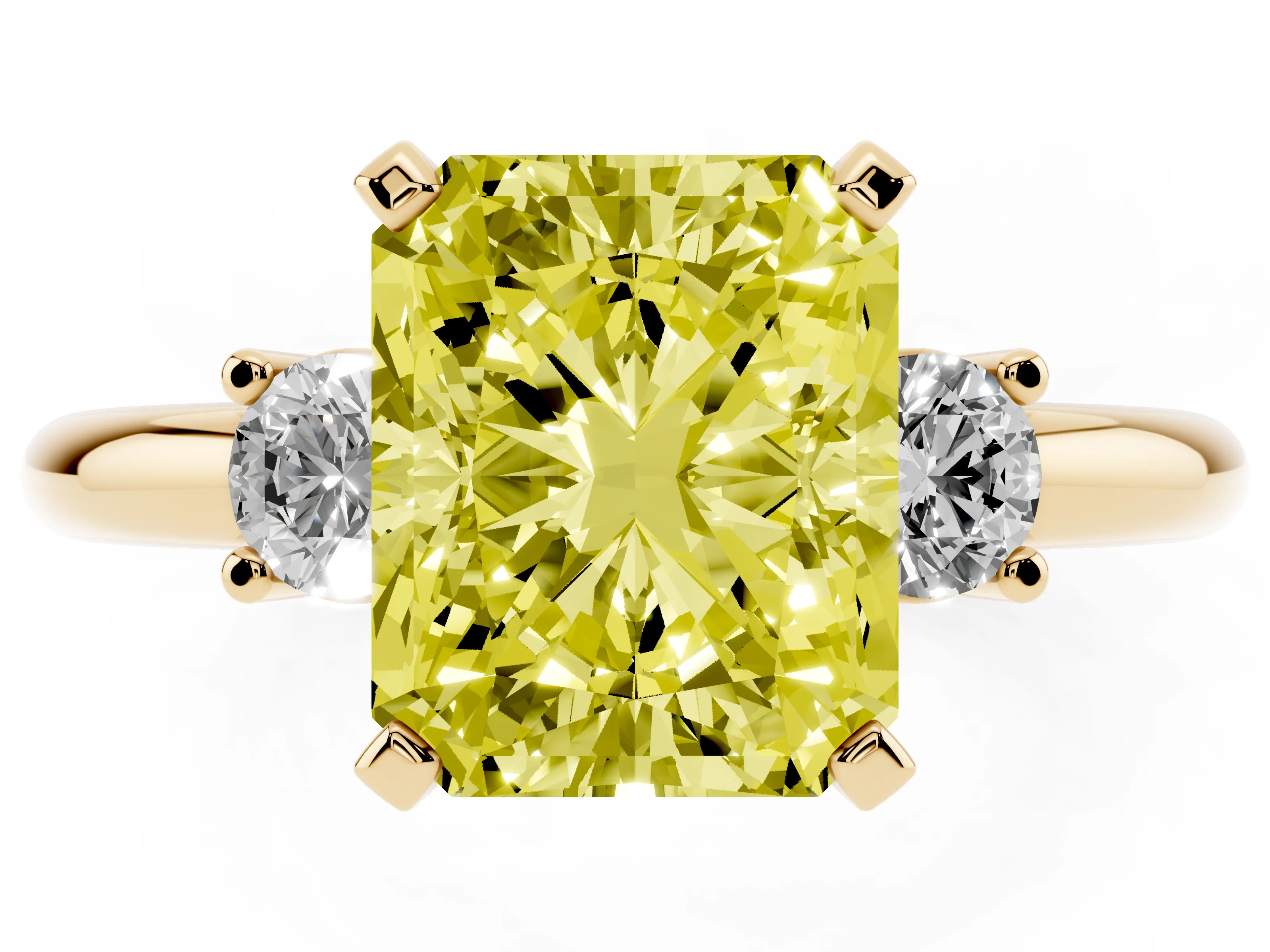 Fancy Yellow Three-Stone Radiant Cut Diamond Ring Set in Yellow gold with Prong Setting and Plain Band