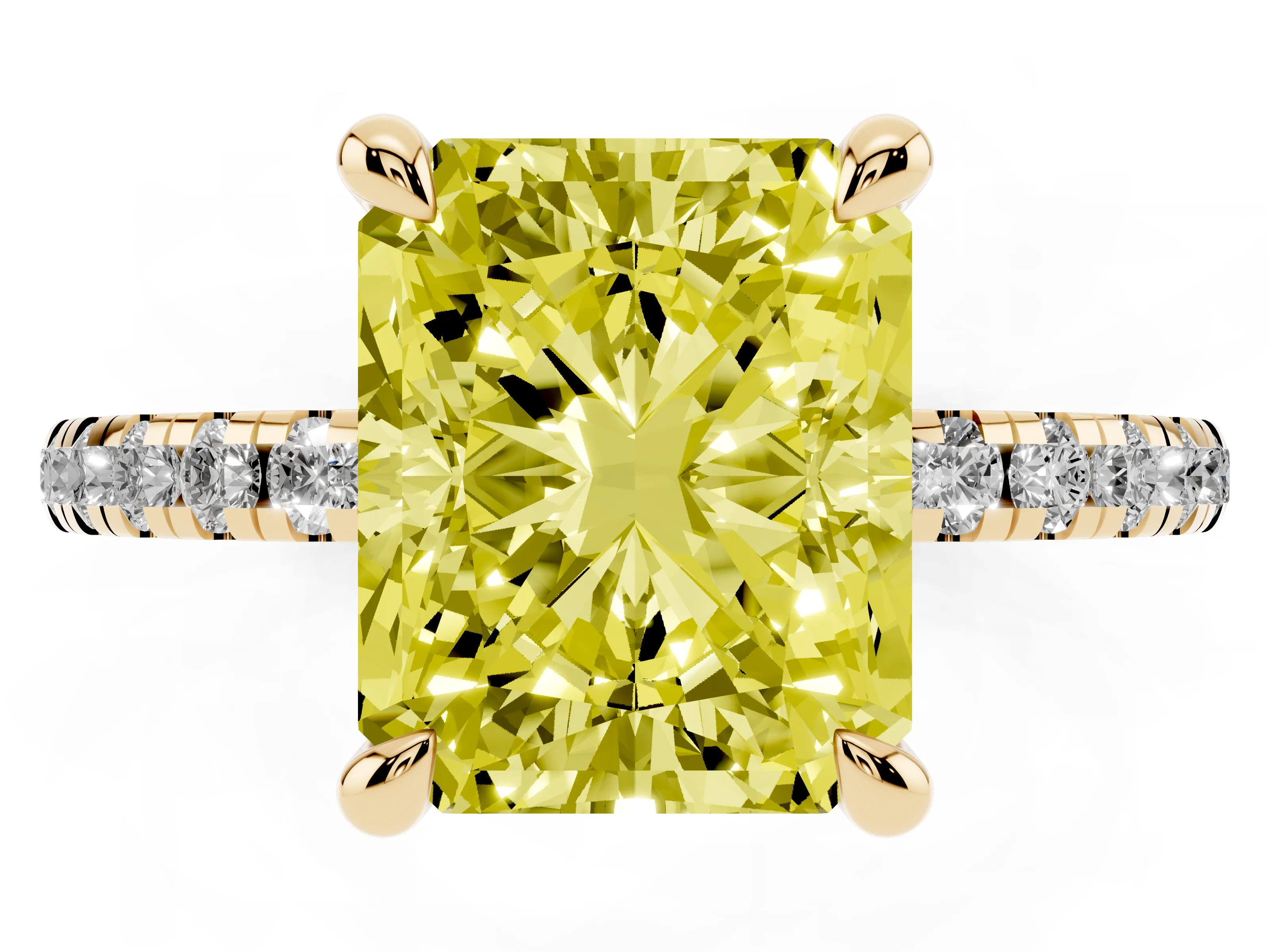 Fancy Yellow Radiant Cut Diamond Brilliant Solitaire Ring Set in Yellow gold with Pavé Band and Prong Setting