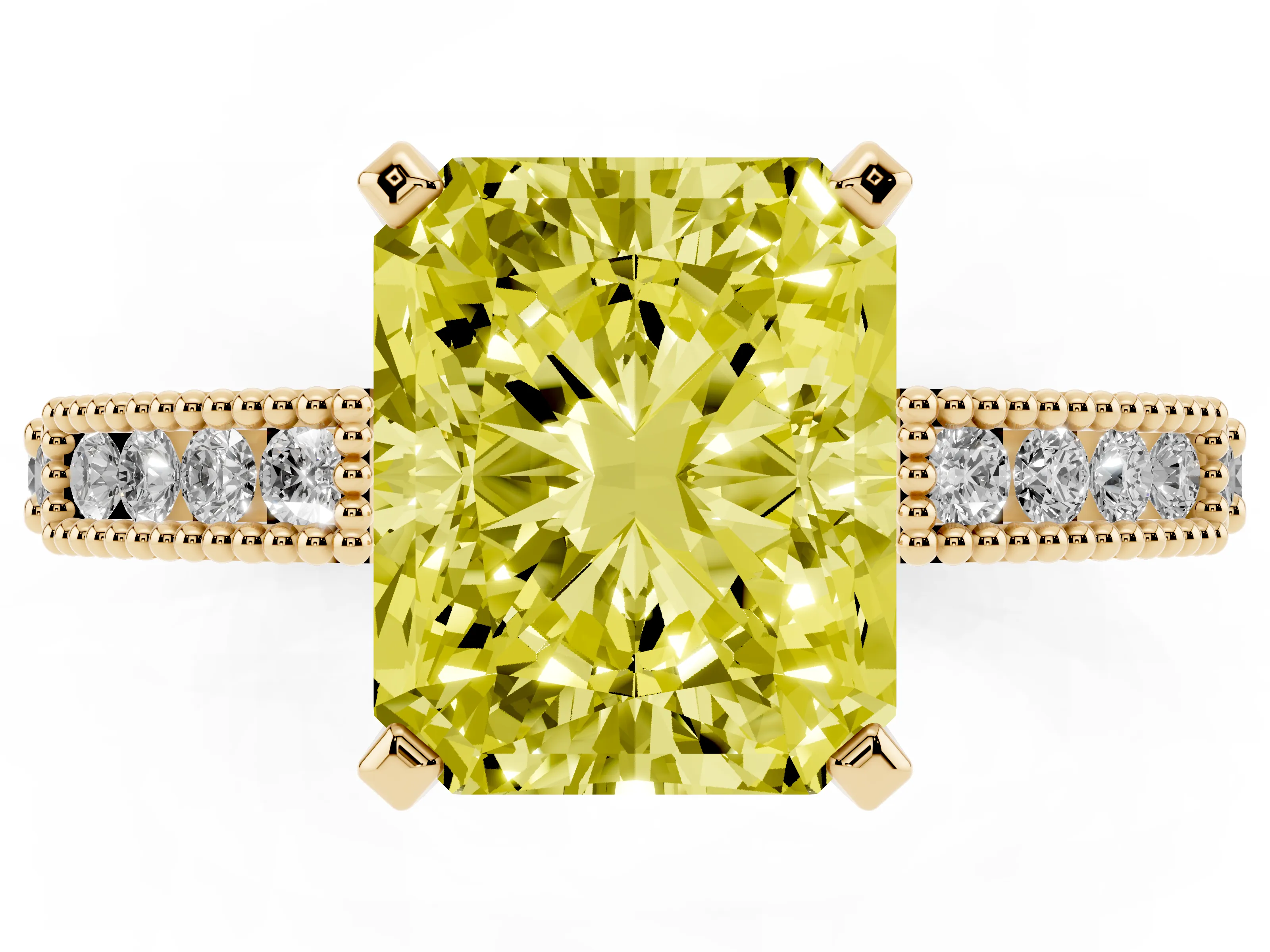 Fancy Yellow Radiant Cut Diamond Solitaire Ring Set in Yellow gold with Slim Pavé Band and Prong Setting