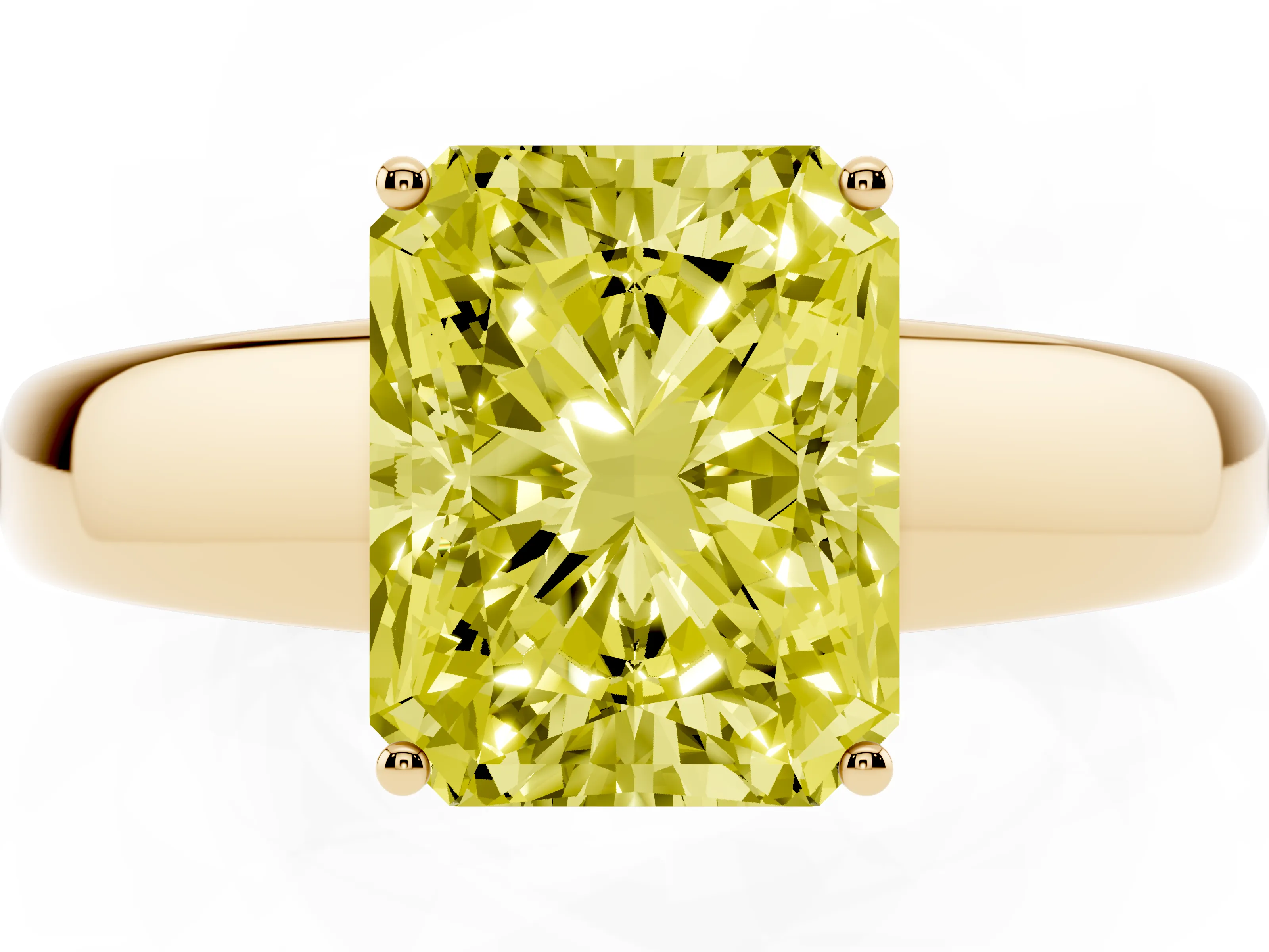 Fancy Yellow Radiant Cut Diamond Solitaire Ring Set in Yellow gold with Tapered Band and Prong Setting