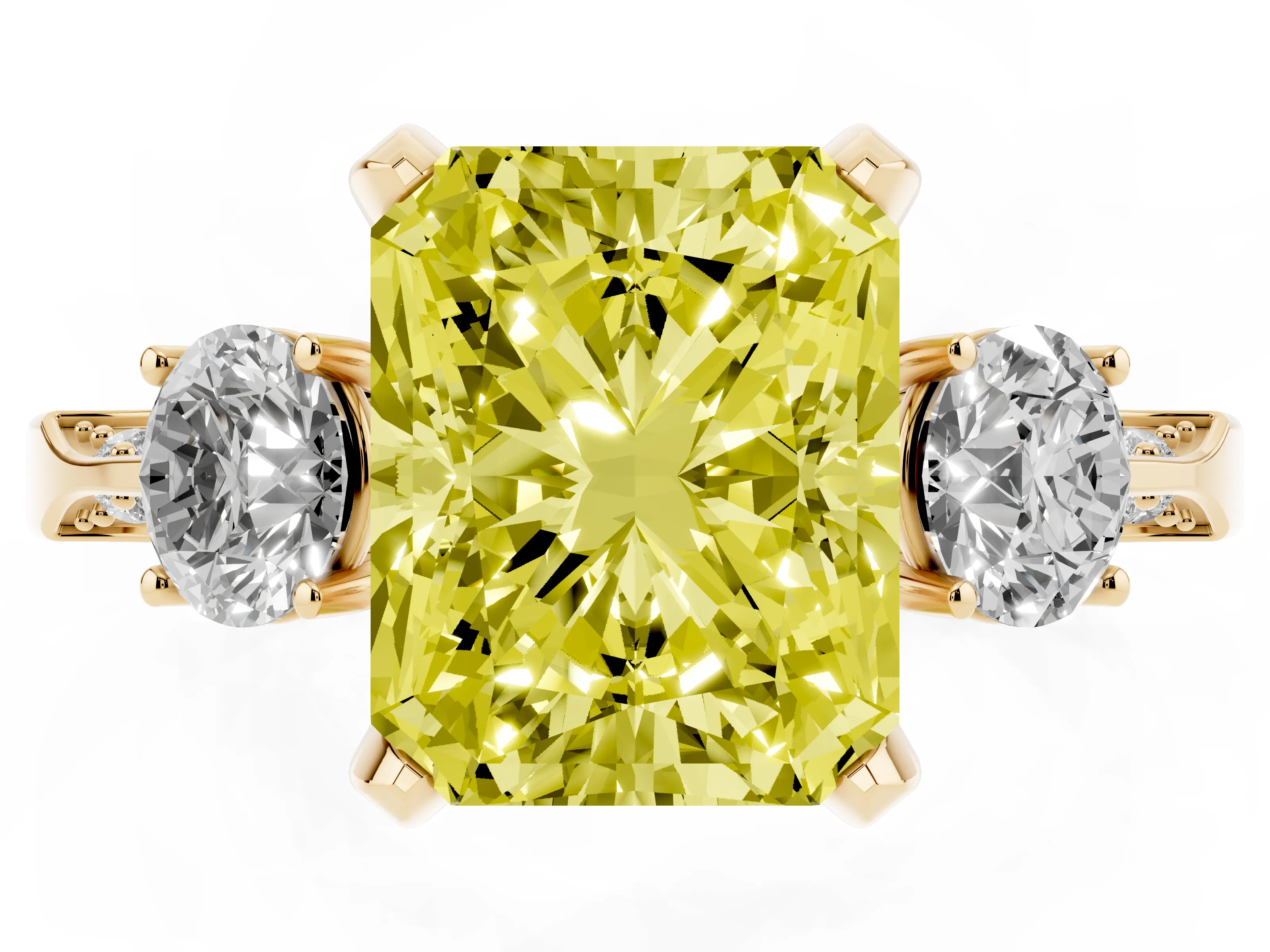 Fancy Yellow Radiant Cut Diamond Three-Stone Ring Set in Yellow gold with Pavé Band and Smaller Side Stones