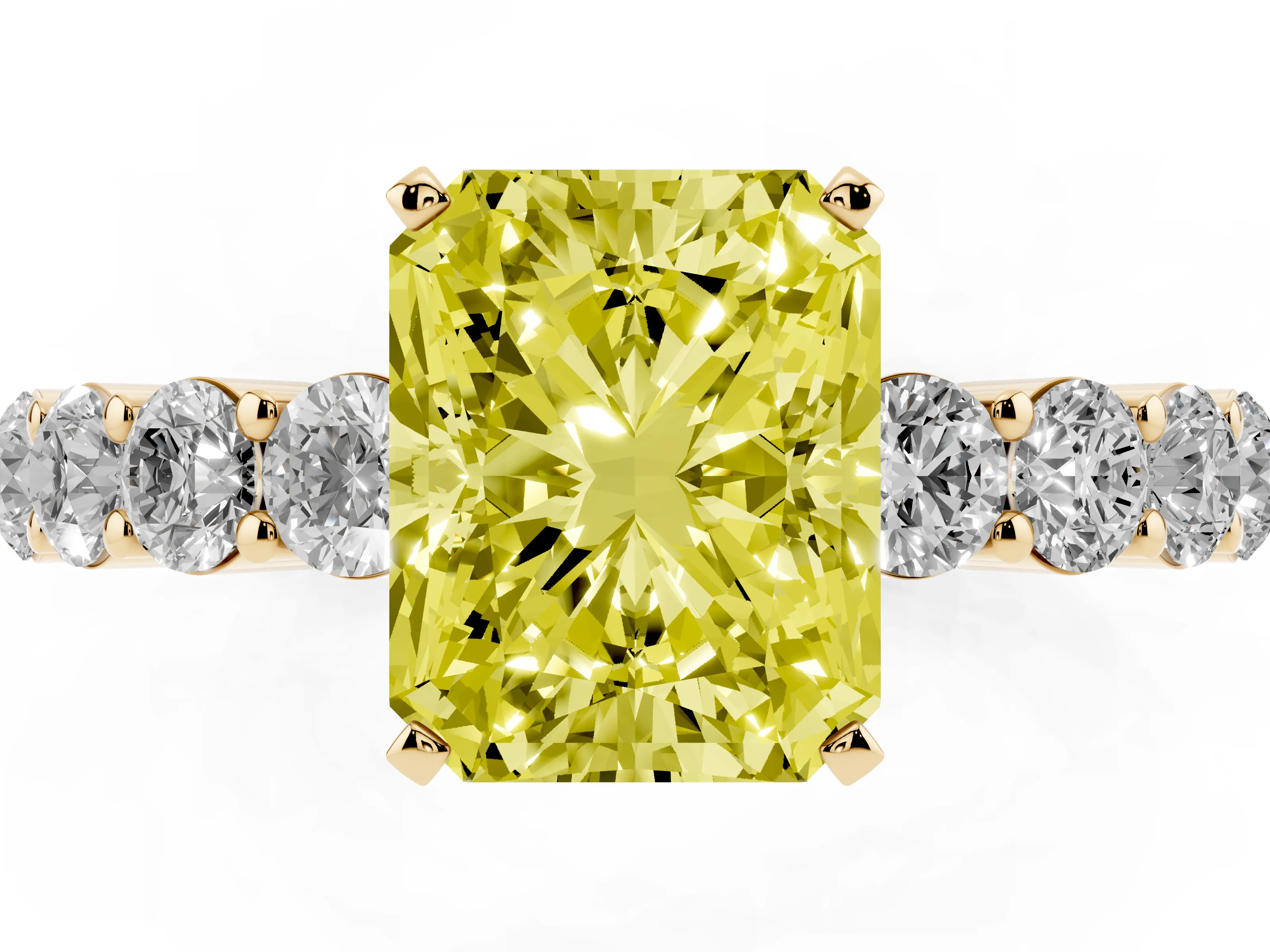 Fancy Yellow Radiant Cut Diamond Solitaire Ring Set in Yellow gold with Shared Prong Round Side Stones